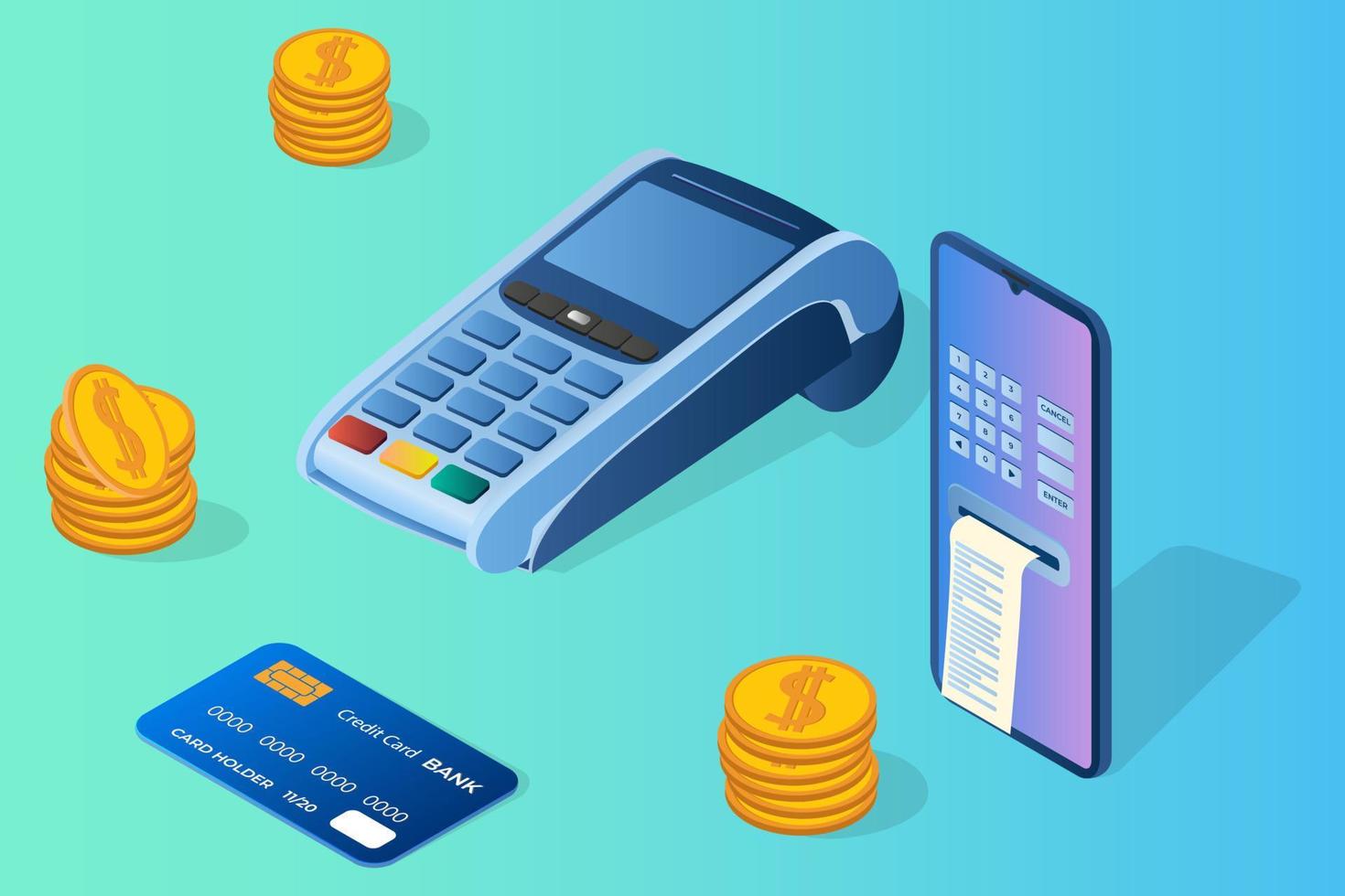 Payment using a payment terminal and smartphone.Concept of online payments transfers and purchases.Isometric vector illustration.
