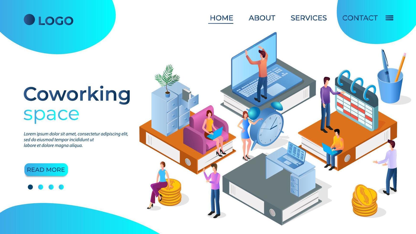 espacio de coworking. espacio de negocios para trabajadores de oficina. trabajo independiente y colaborativo. símbolo para la distribución de roles en el equipo. trabajo en equipo y gestión del tiempo. ilustración isométrica plana. vector