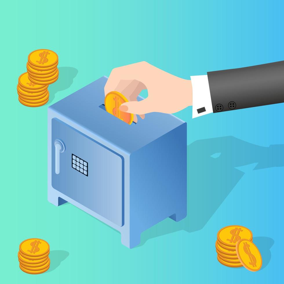 Hand dropping coins into the safe.Bank investments.Concept of savings deposits of Deposit accounts and banking operations.Isometric vector illustration.