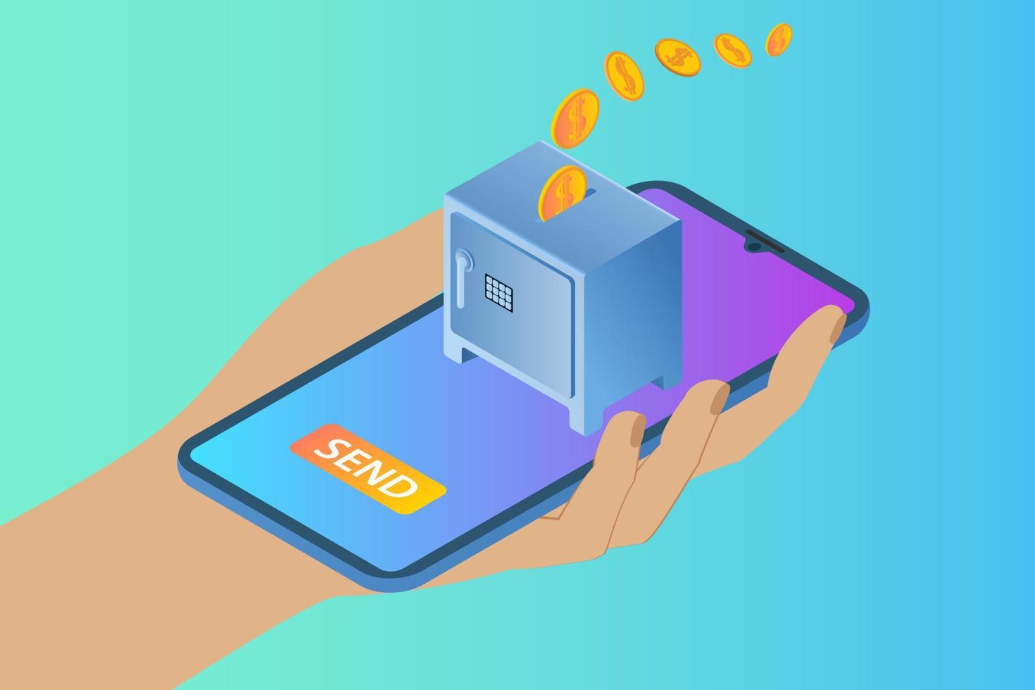Online money transfers.The hand with the phone makes a Bank transfer.The concept of modern means of payment and banking operations.Isometric vector illustration.