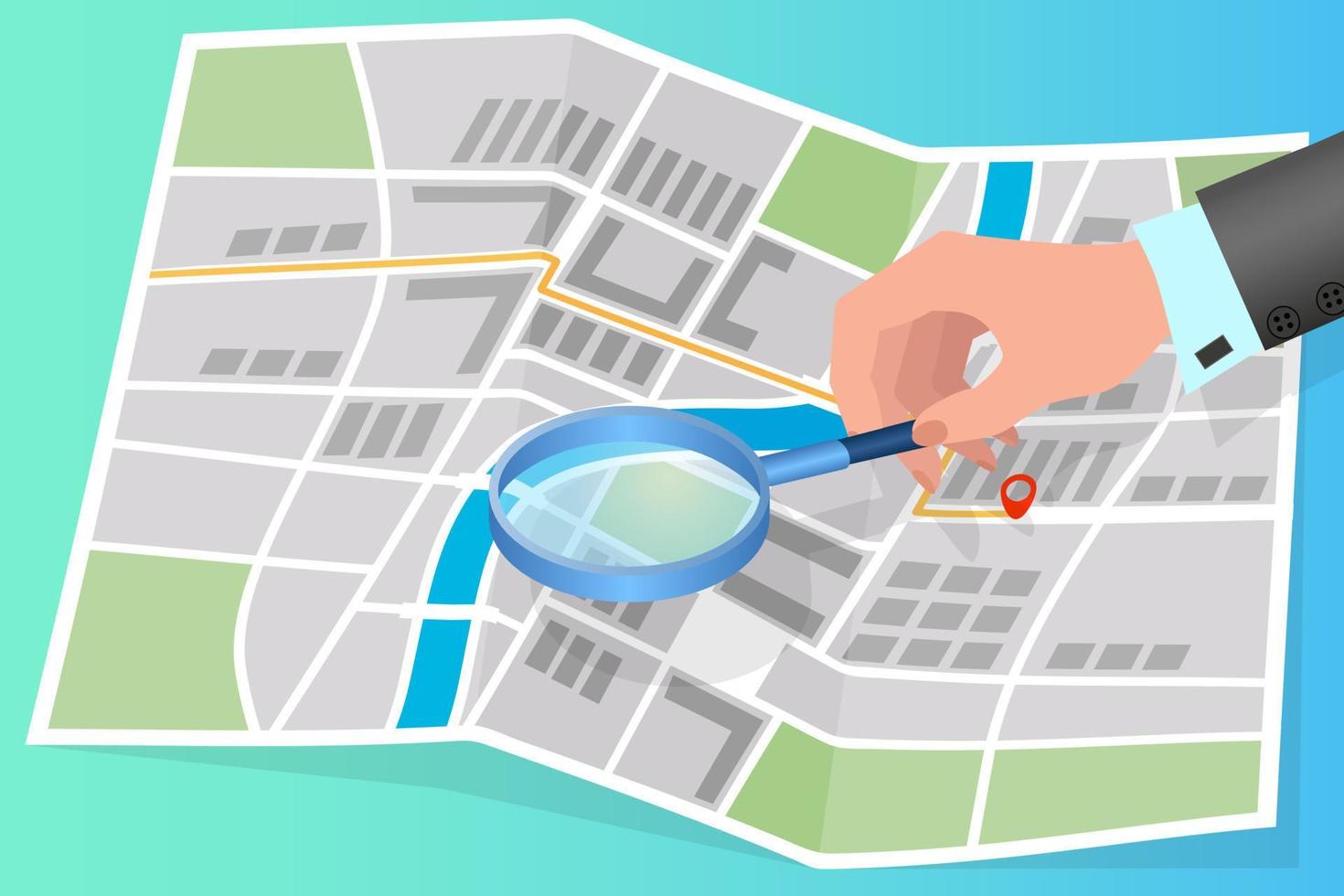 A person studies the map.A man using a magnifying glass examines the map.The concept of navigation positioning.Isometric vector illustration.