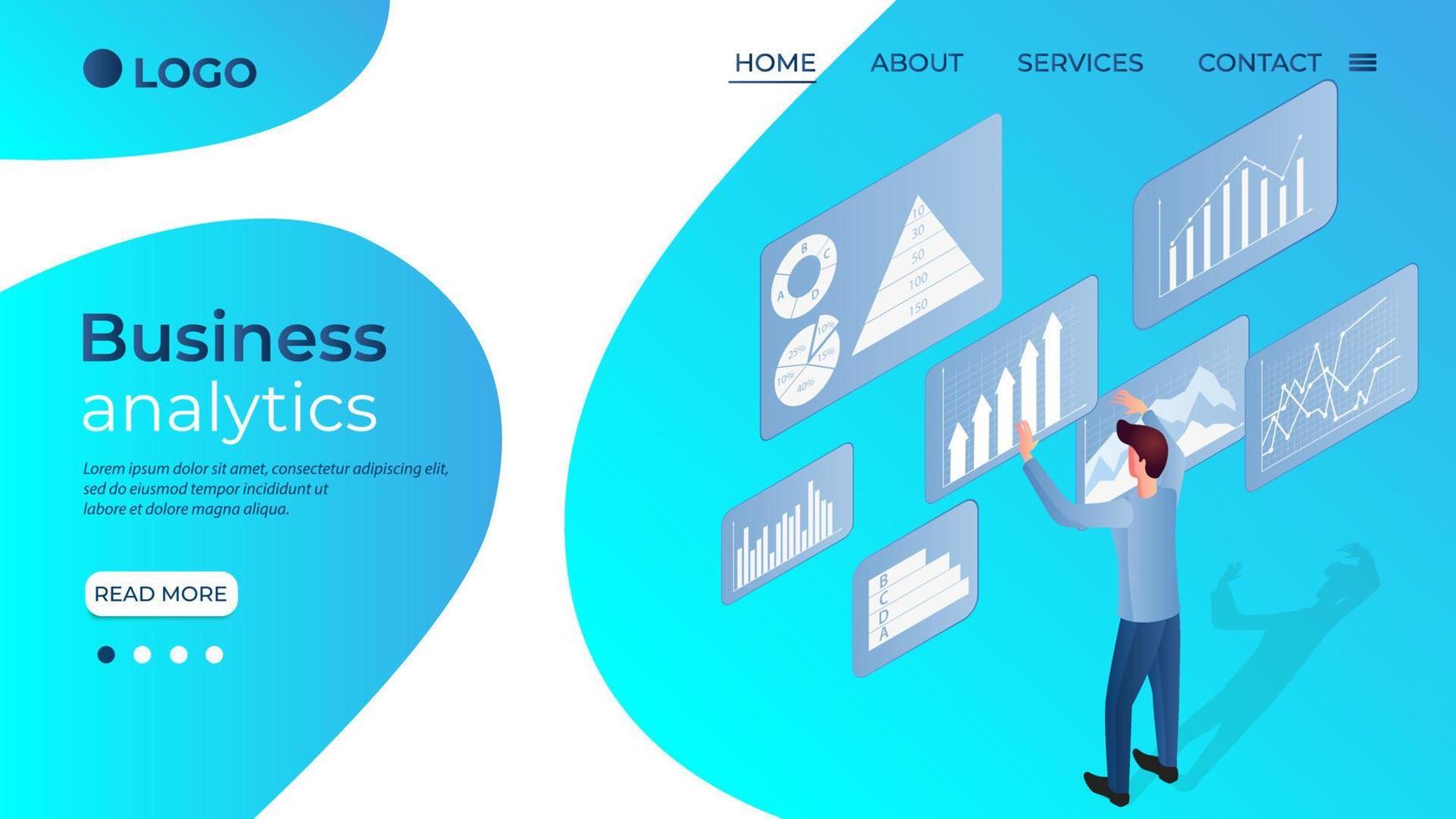 Business analytics.A businessman studies infographics.The concept of teamwork and data accounting.Business and project financing.Isometric vector illustration.The template of the landing page.