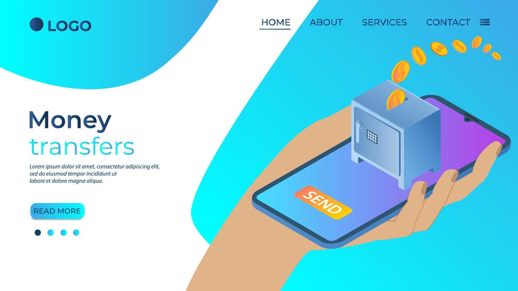 Online money transfers.The hand with the phone makes a Bank transfer.The concept of modern means of payment and banking operations.Isometric vector illustration.The template of the landing page.