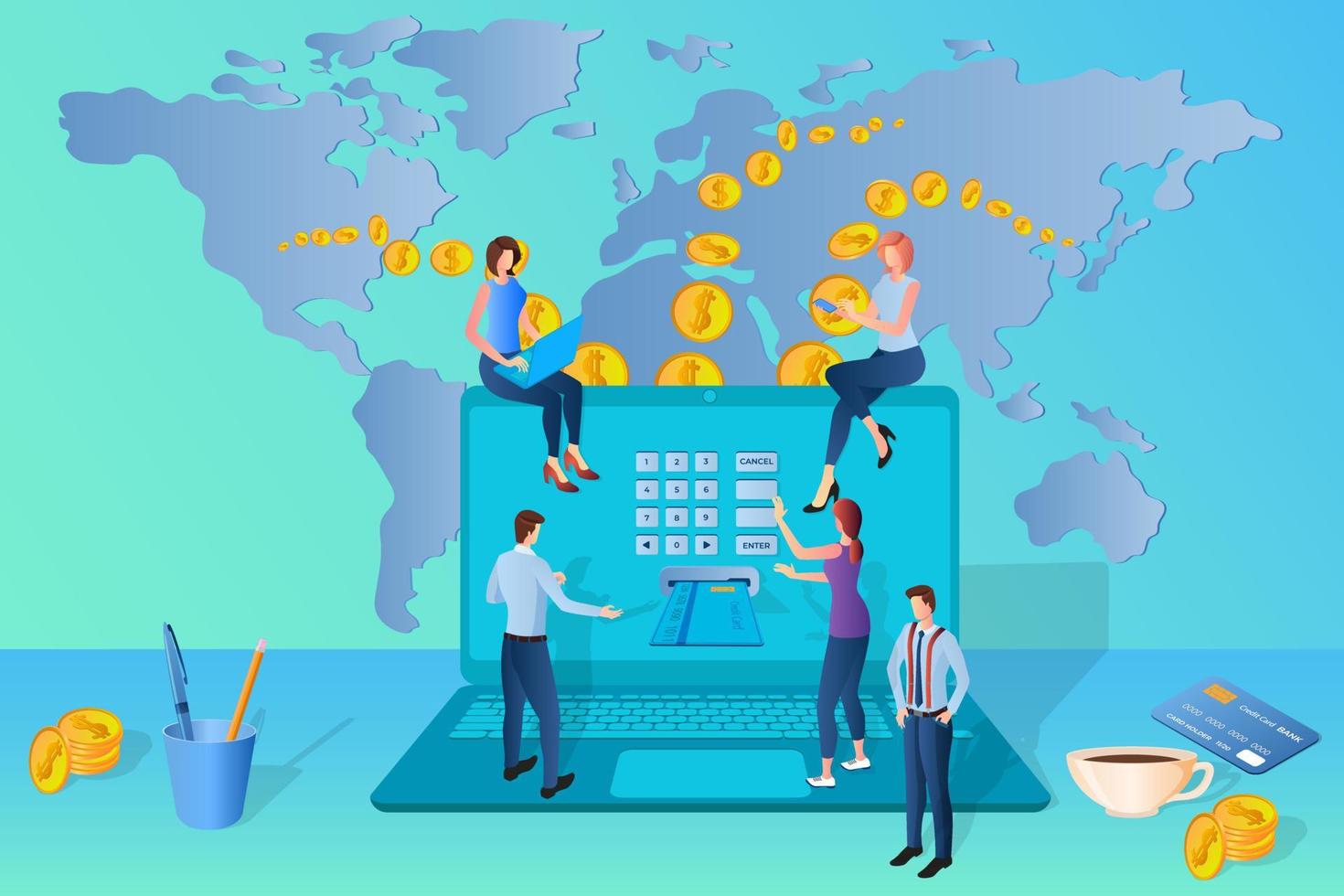 Global online payments.Businessmen transfer money all over the world.The concept of fast and secure money transfers.Isometric vector illustration.