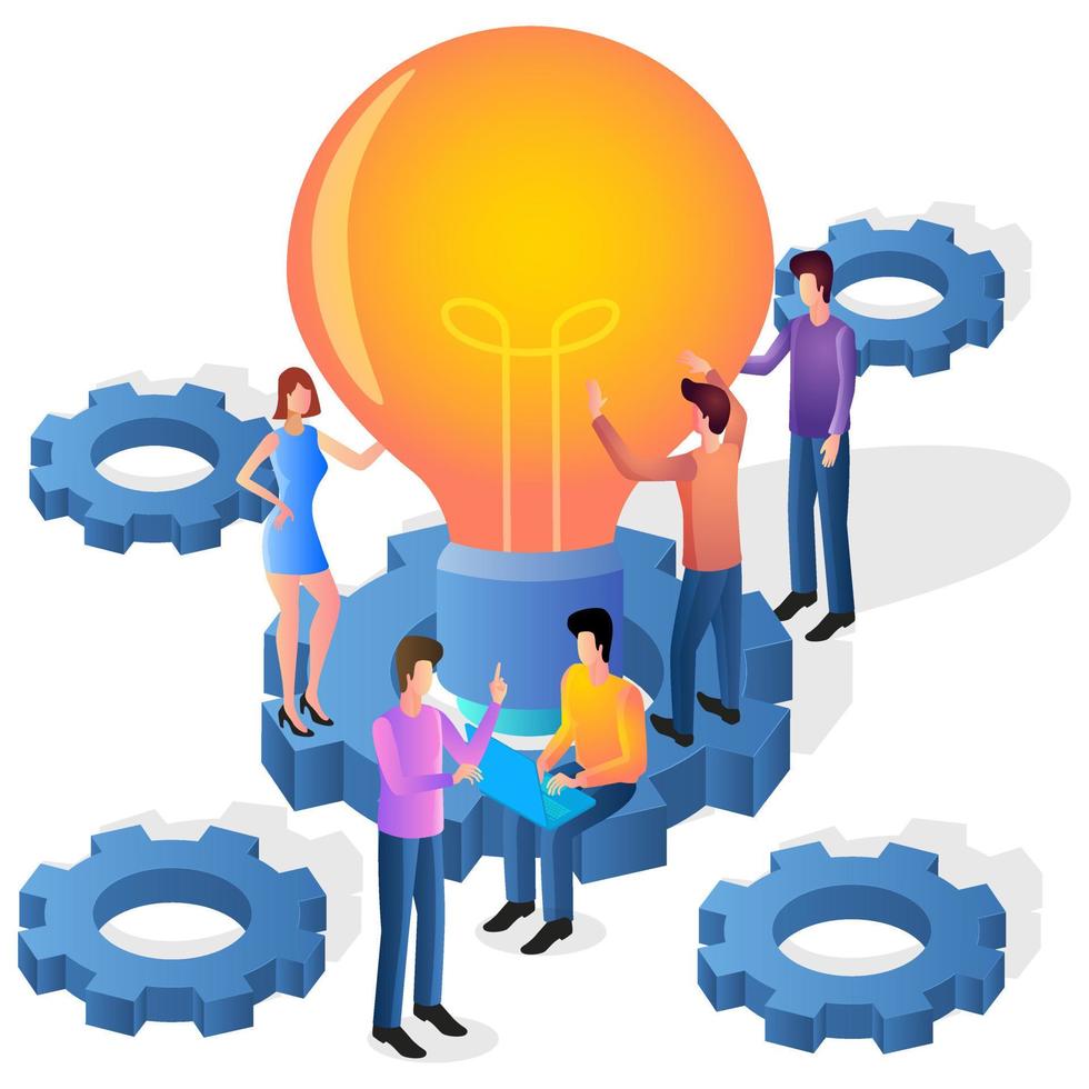 Brainstorming and teamwork.Isometric vector image of people next to a light bulb.Concept of searching for ideas and developing new technologies.Vector image.