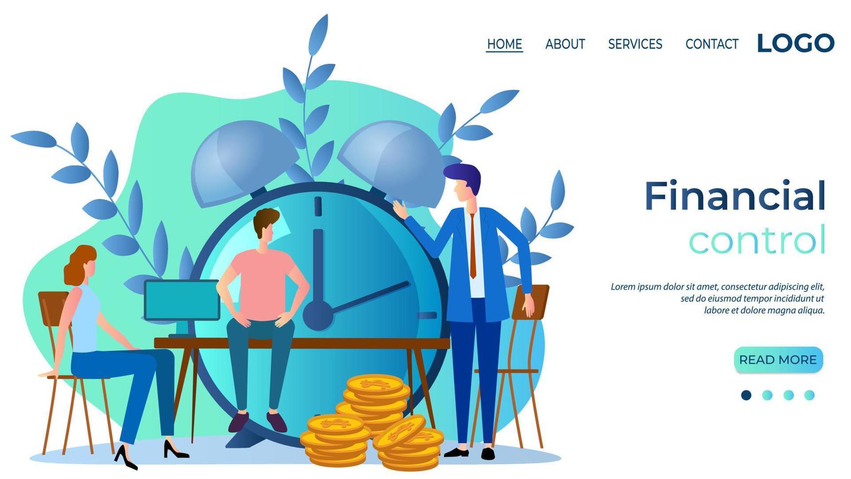 Financial control.Business intelligence.Conducting an audit.Control over the execution time of financial transactions.The template of the landing page.Flat vector illustration.