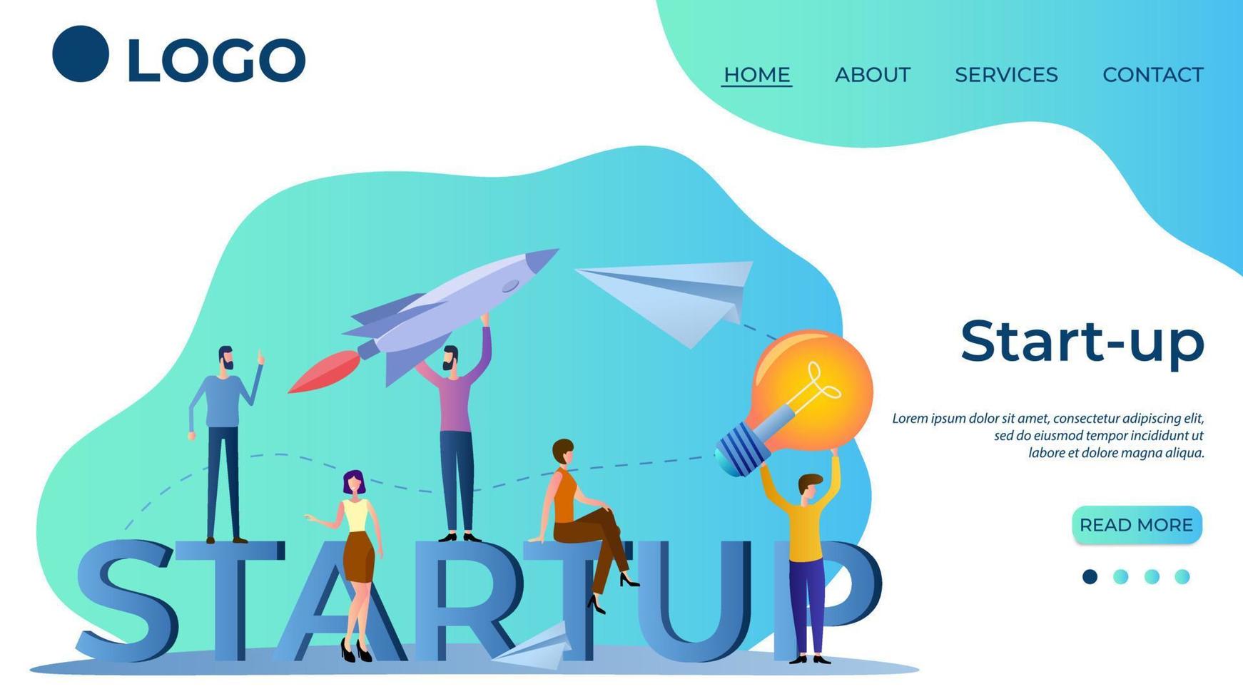 Start-up.Brainstorming and searching for ideas .People are jointly engaged in a new business.Teamwork and mutual assistance.The template of the landing page.Flat vector illustration.