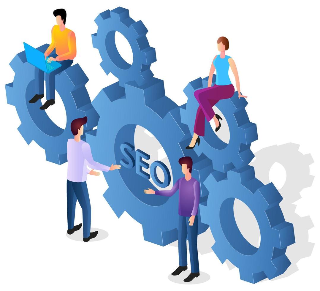 People and gears.The concept of teamwork and SEO promotion.Brainstorming and searching for ideas.Business mechanism.Isometric vector image of teamwork.Vector illustration.