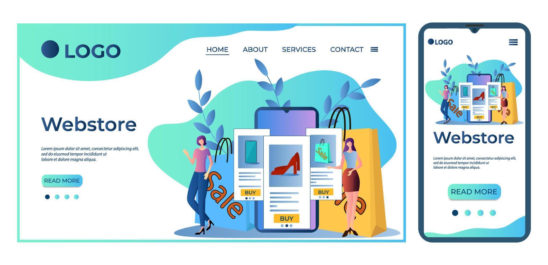 Web store.People are shopping in an online store.The concept of online trading.Secure online purchases.Landing page template and smartphone adaptation.Flat vector illustration.