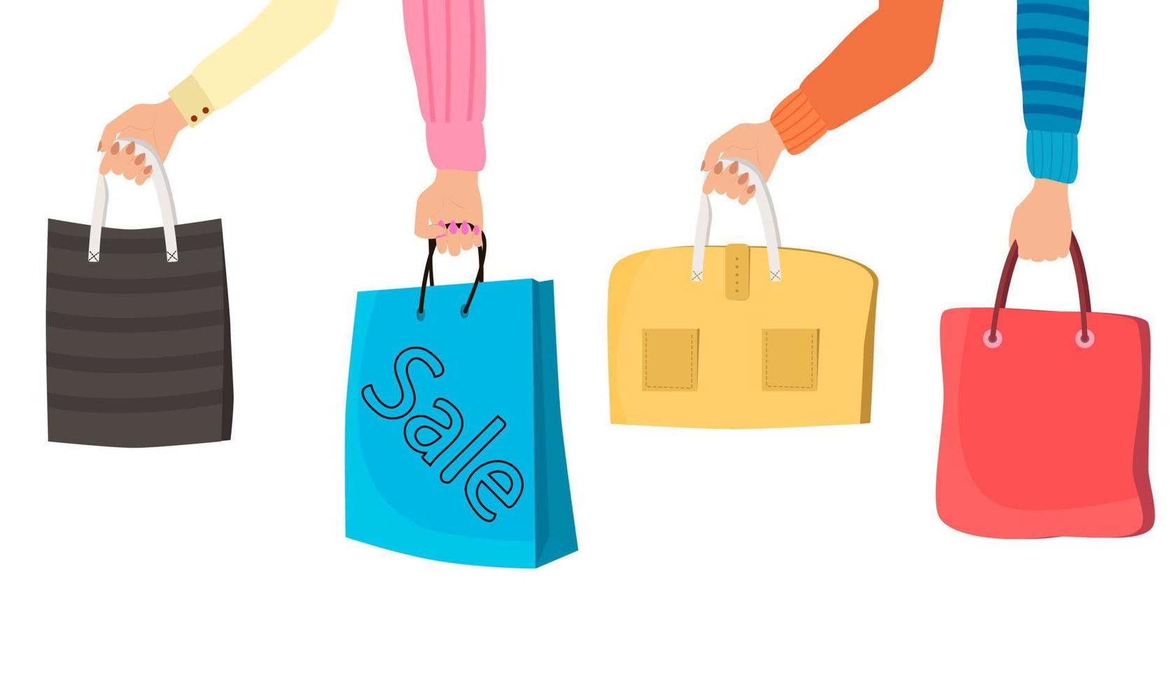 manos sosteniendo bolsas de compras después de una venta. el concepto de intercambiar la alegría de comprar hermosos bolsos y paquetes. ilustración vectorial plana. vector