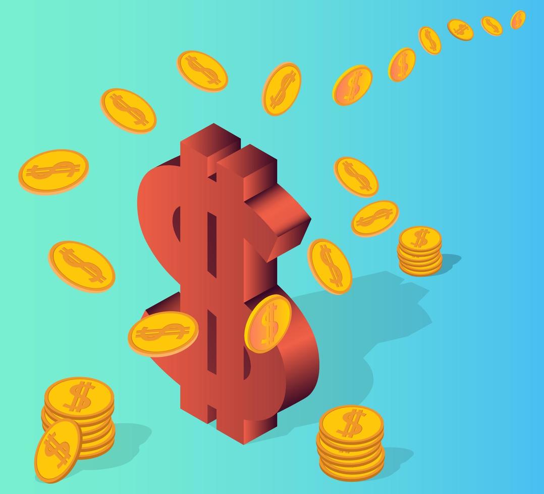 Dollar symbol and flying coins.Concept of business activity and financial investments.Isometric vector illustration.