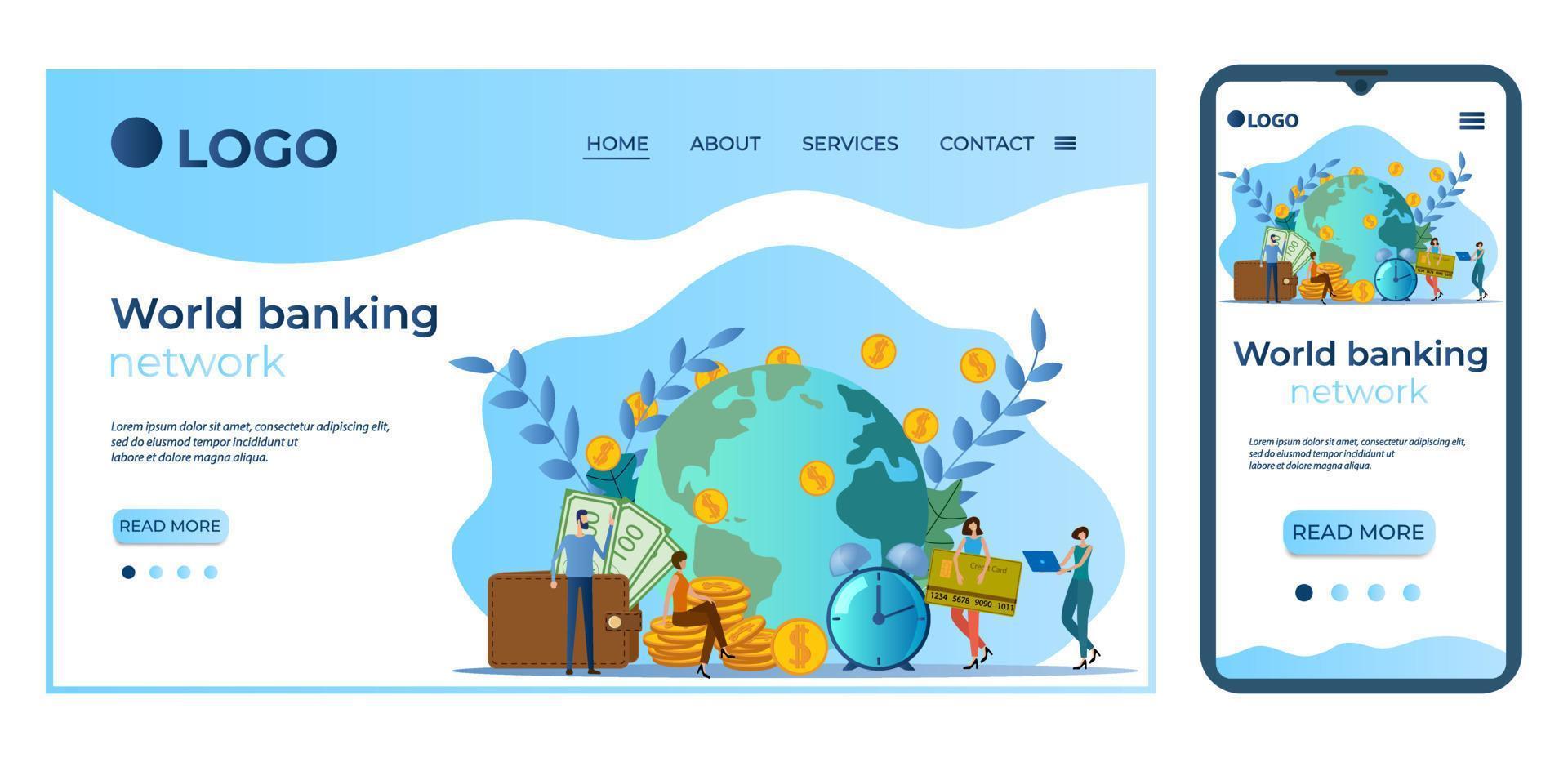 World banking network.Concept of international money transfer.International payment system.Landing page template and smartphone adaptation.Flat vector illustration.