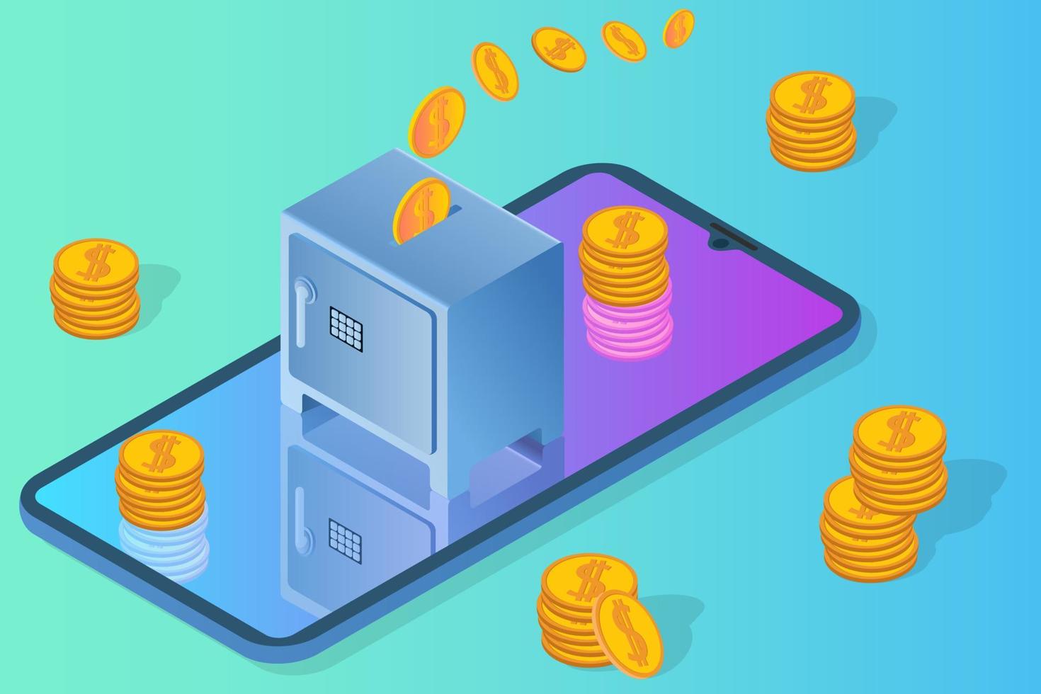 Online banking.Smartphone Bank safe and money.The concept of secure banking operations conducted using the Internet.Isometric vector illustration.