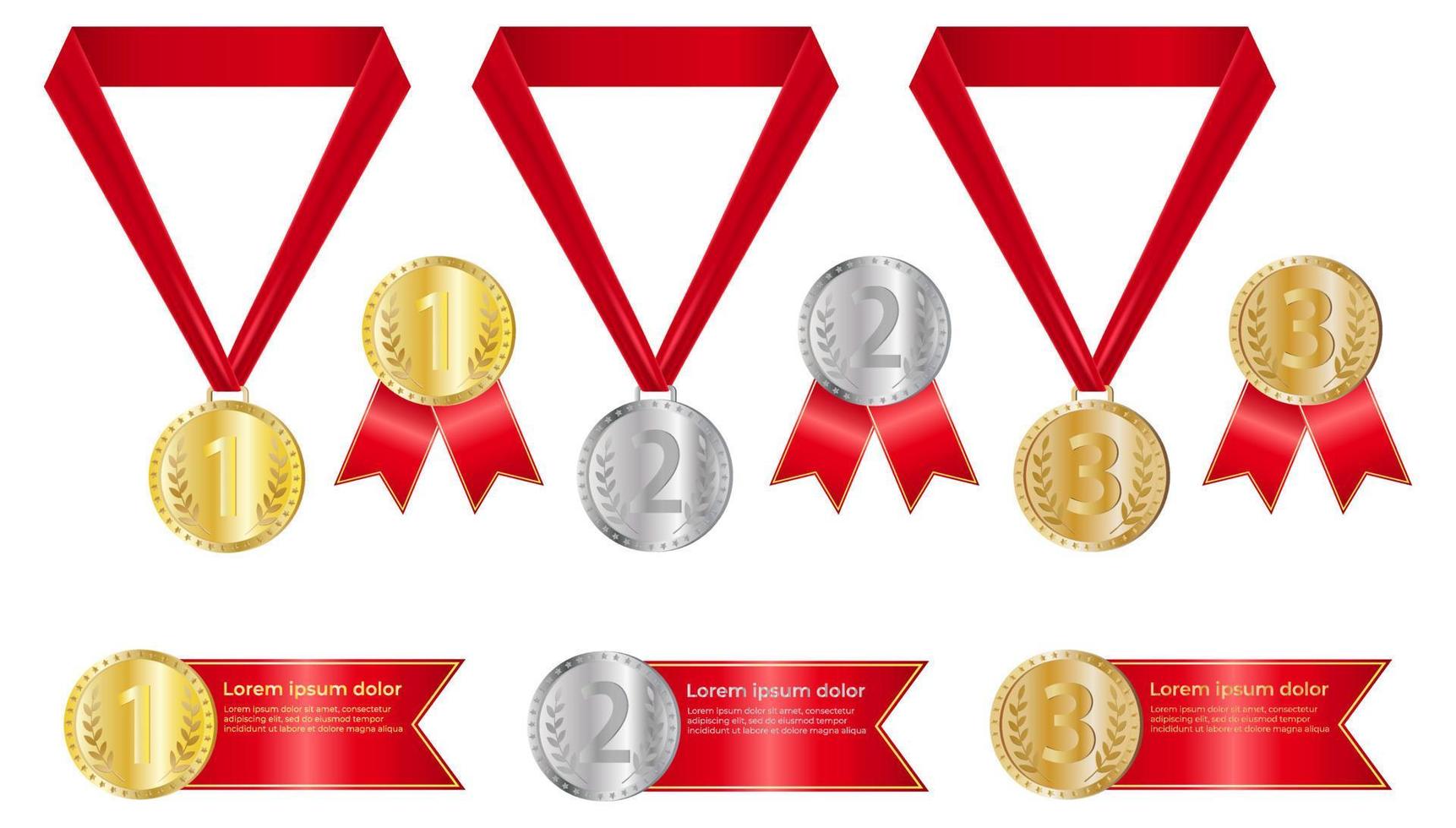 A set of award medals isolated on a white background.Award medals with red ribbons.Gold, silver and bronze medals.. Medals for first, second and third place.Realistic vector illustration