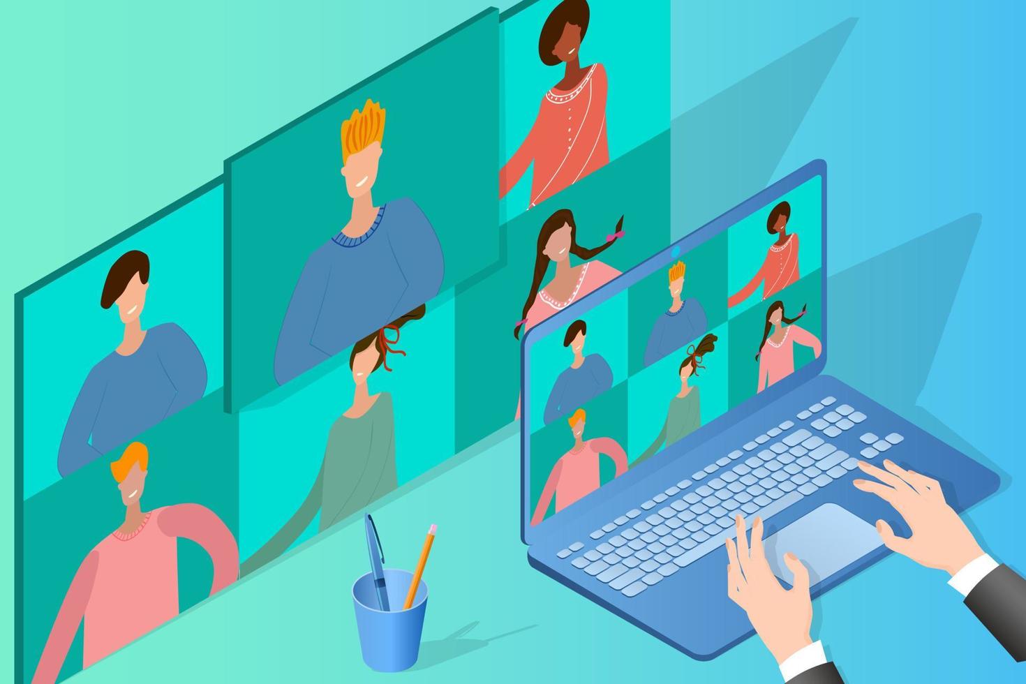 Online video conference.Concept of business negotiations online education scientific conference.People communicate with each other using an Internet connection.Isometric vector illustration.