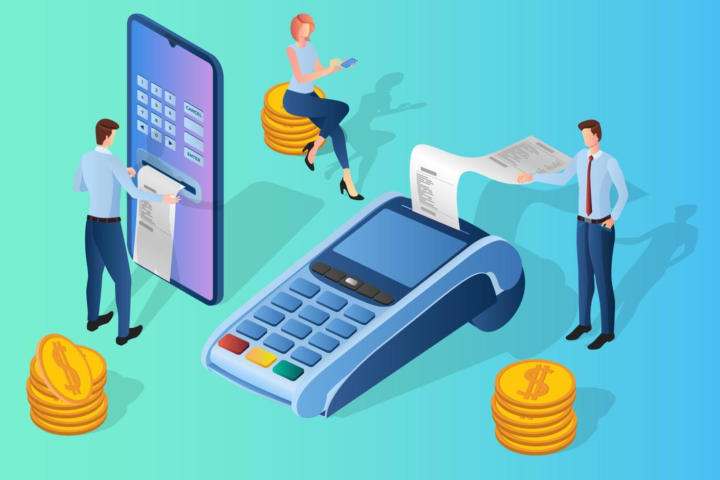 Online payments.People on the background of a smartphone and a payment terminal are engaged in transferring Bank funds.The concept of online banking and transfers via the Internet.Isometric vector i