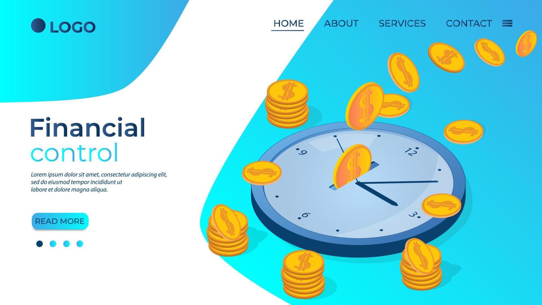 Time management and Financial control.Big clock and flying coins.The concept of cash flow management.Time is money.Isometric vector illustration.The template of the landing page.