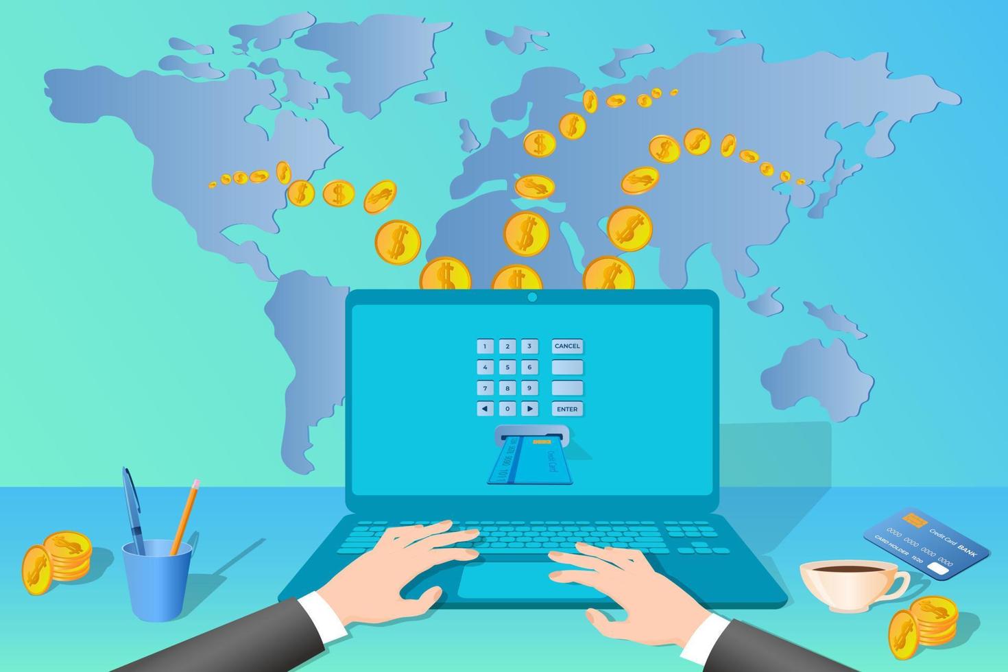 Global online payments.A businessman transfers money all over the world.The concept of fast and secure money transfers.Isometric vector illustration.