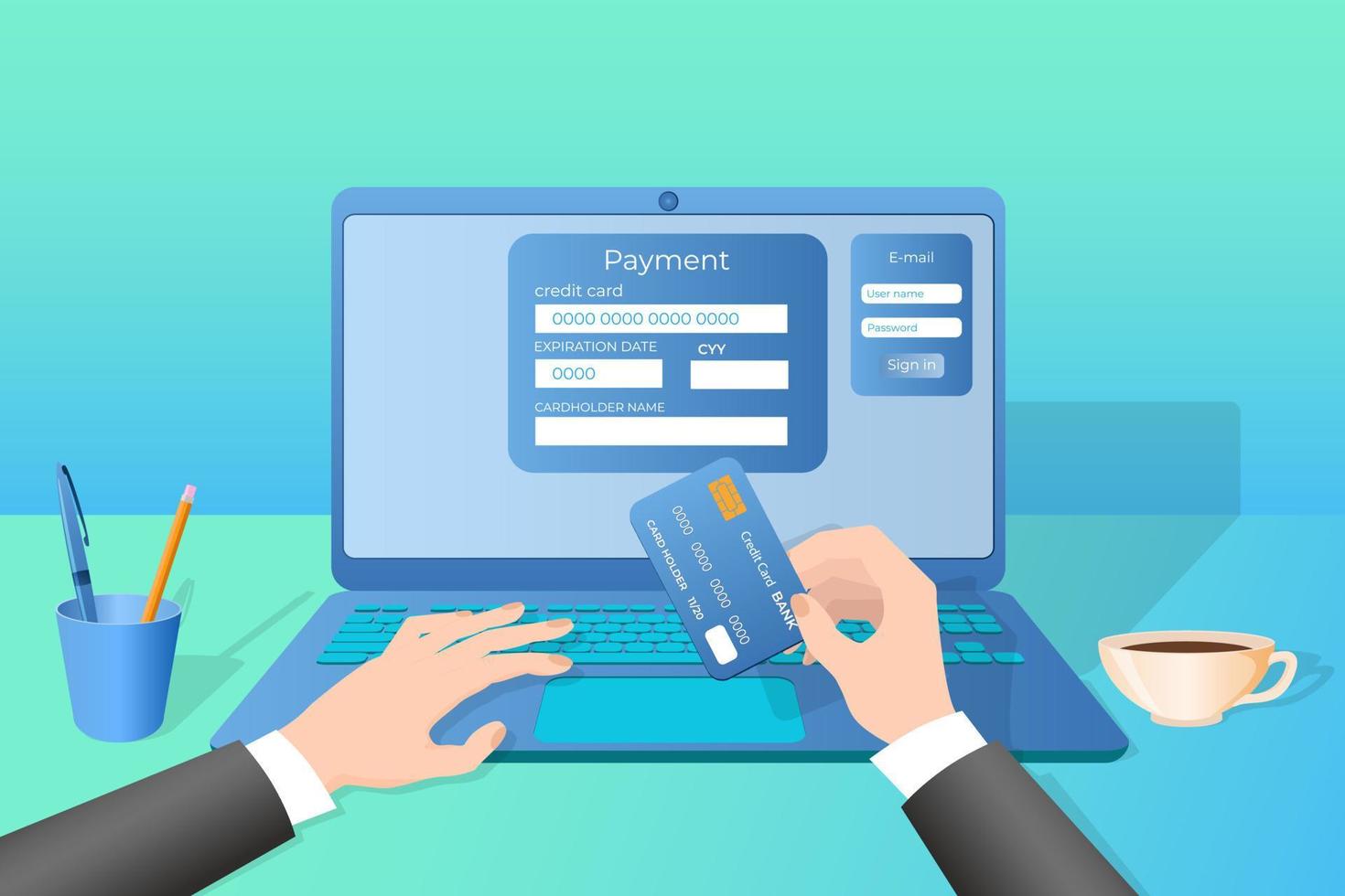 Online Money Transfer.The concept of Bank transfers in electronic form.A person is sitting at a laptop, holding a credit card and transferring money.Vector image. vector