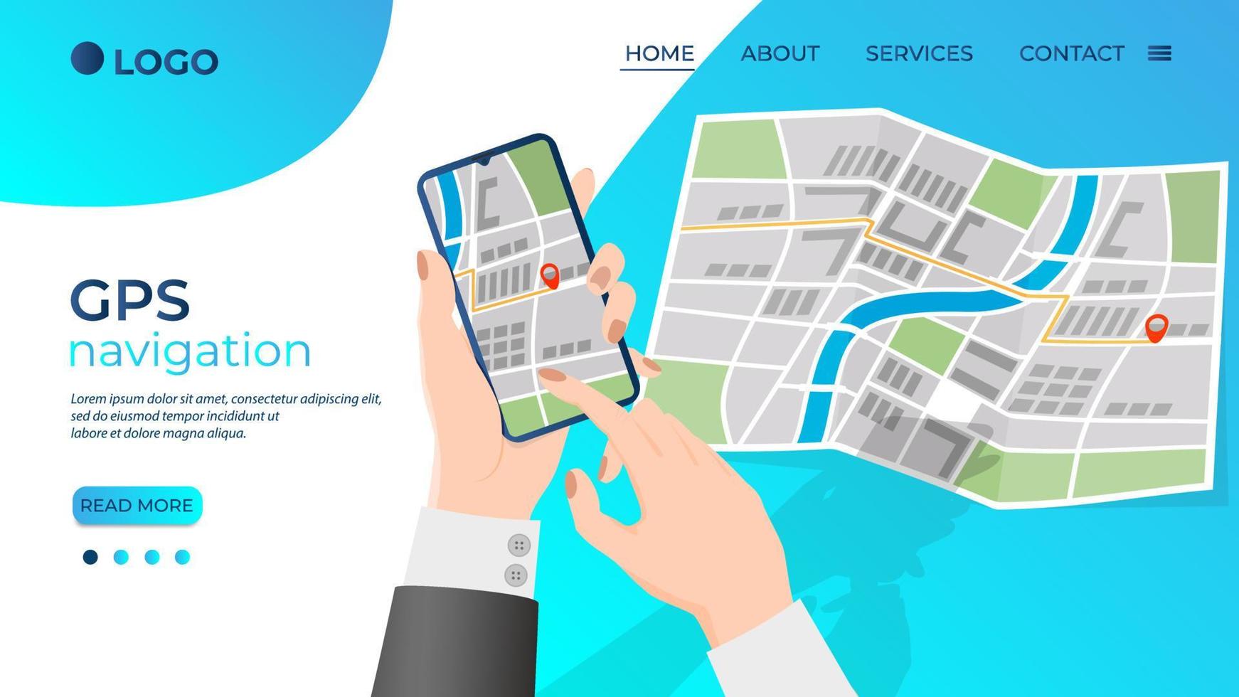 A person is holding a smartphone with a map and a point marker.GPS navigation, modern technologies.Location detection using geolocation.Flat vector illustration.The template of the landing page.