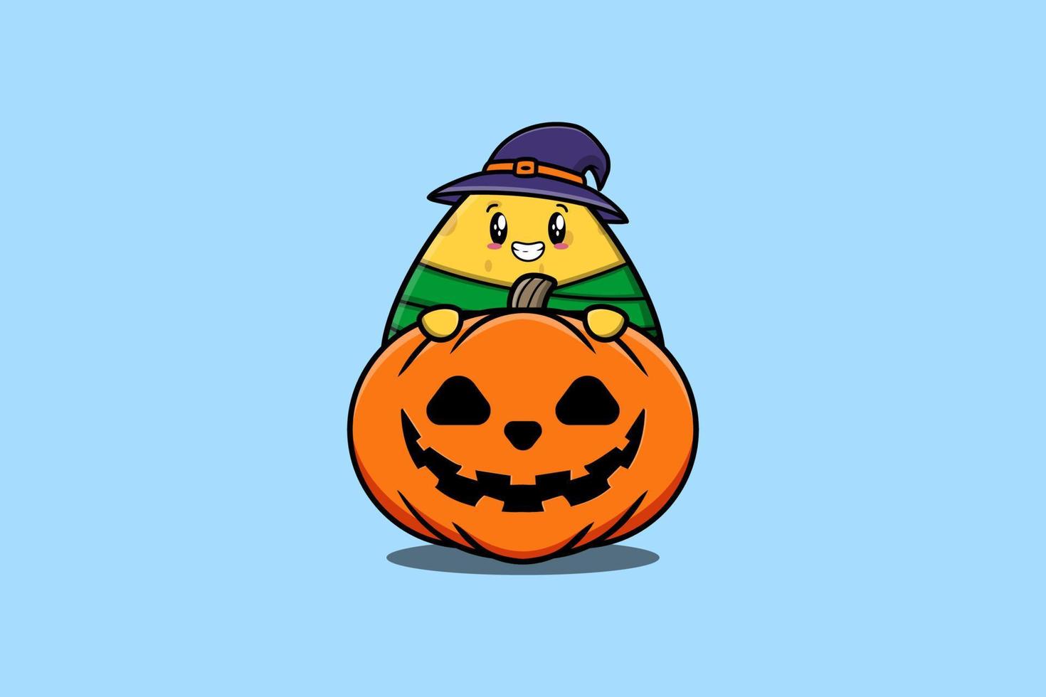 Cute dibujos animados arroz chino japonés ocultar en calabaza vector