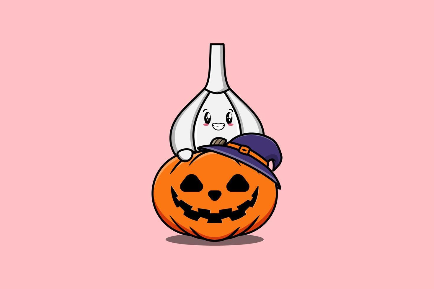 lindo ajo de dibujos animados escondido en calabaza halloween vector