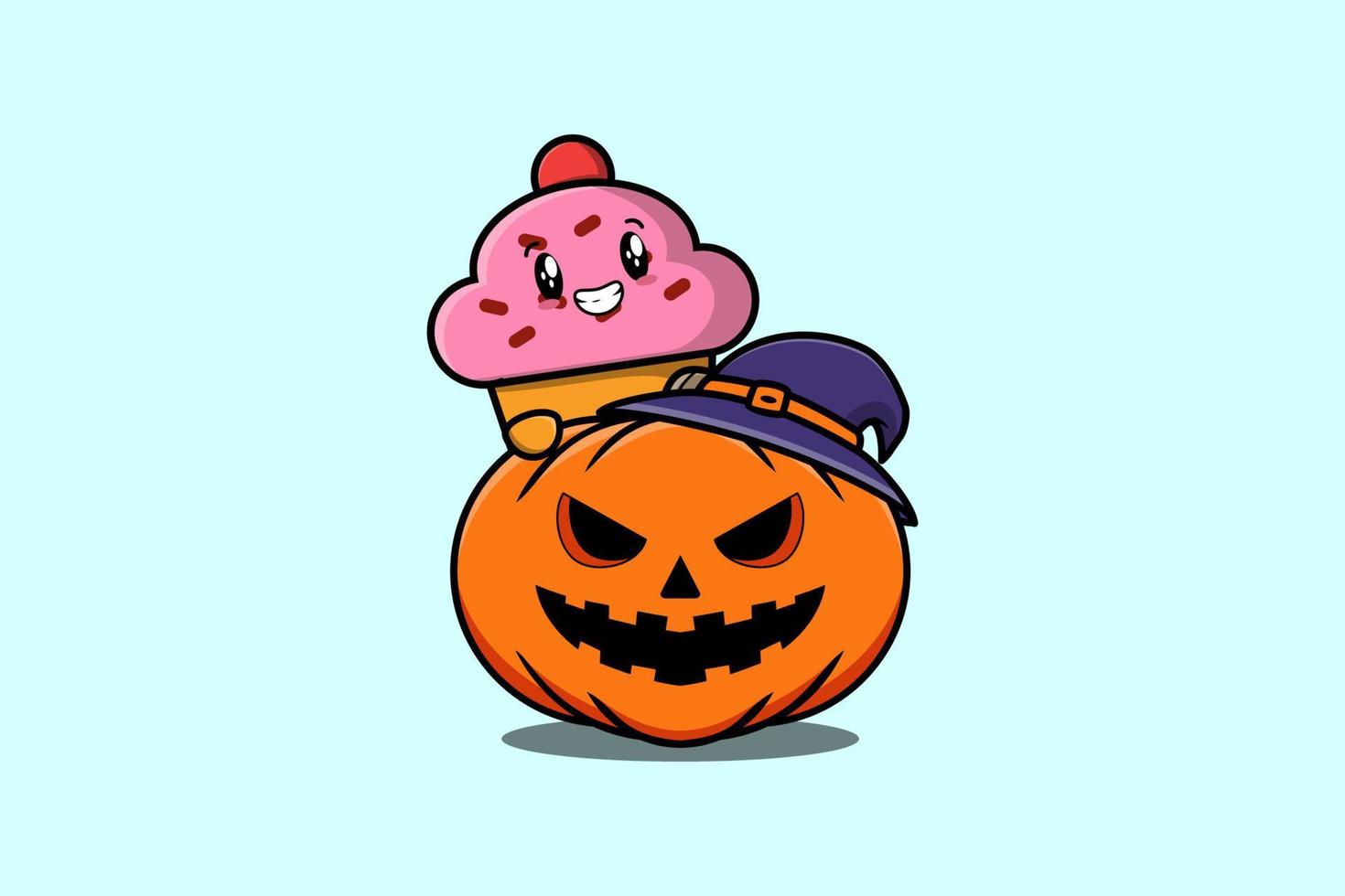 lindo cupcake de dibujos animados escondido en la calabaza de halloween vector