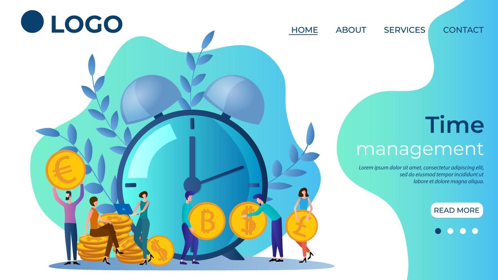 Time-management.People on the background of a large clock with money.Effective workflow management.Time control.The template of the landing page.Flat vector illustration.