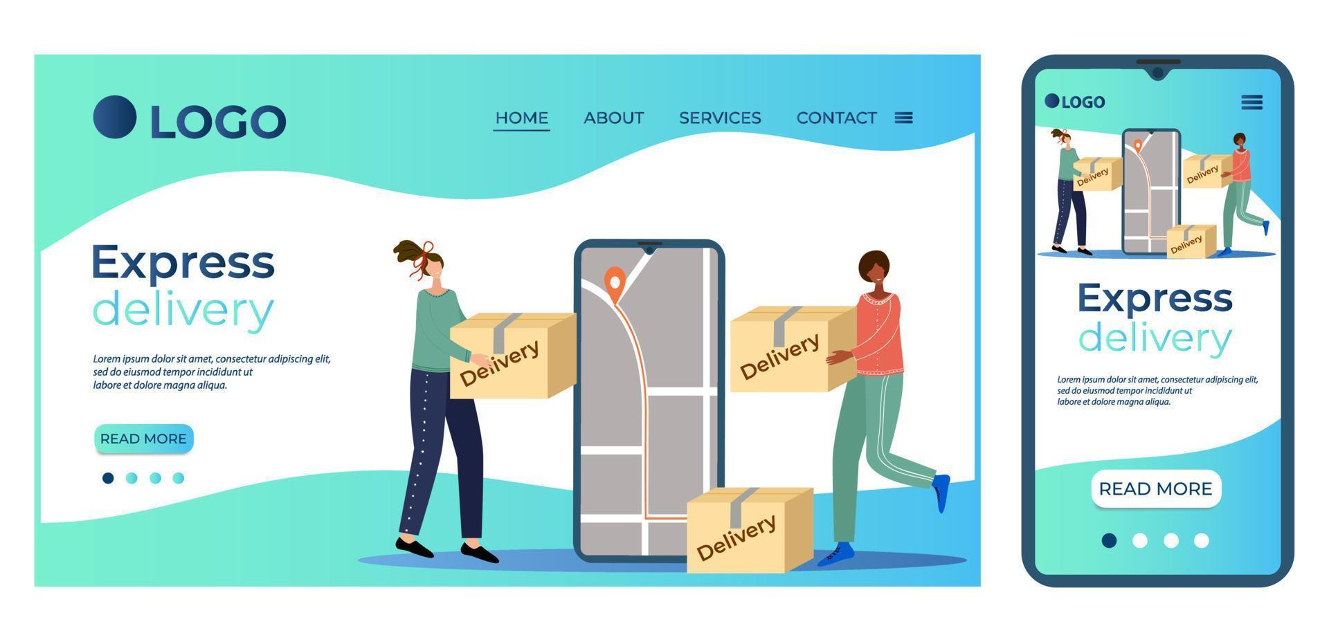 Express delivery and online orders.The concept of delivery.Online service.Remote client service.People a large cardboard box and a smartphone.The template of the landing page.Flat vector illustration.