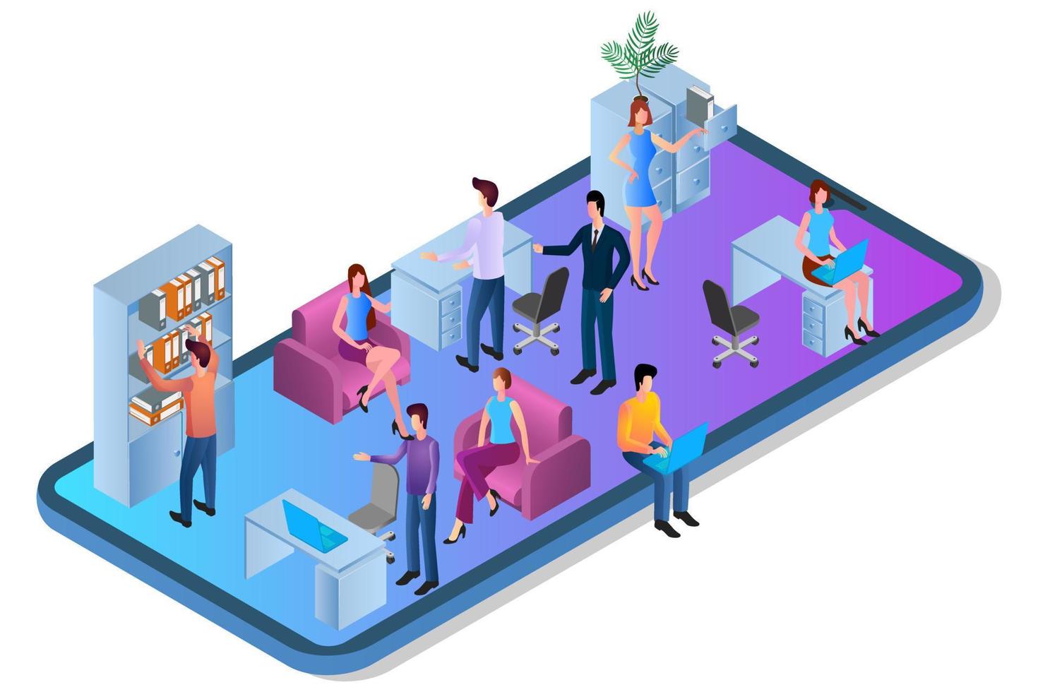 Online office.The concept of remote work.People work through an Internet connection.Teamwork and team spirit.Isometric vector illustration.