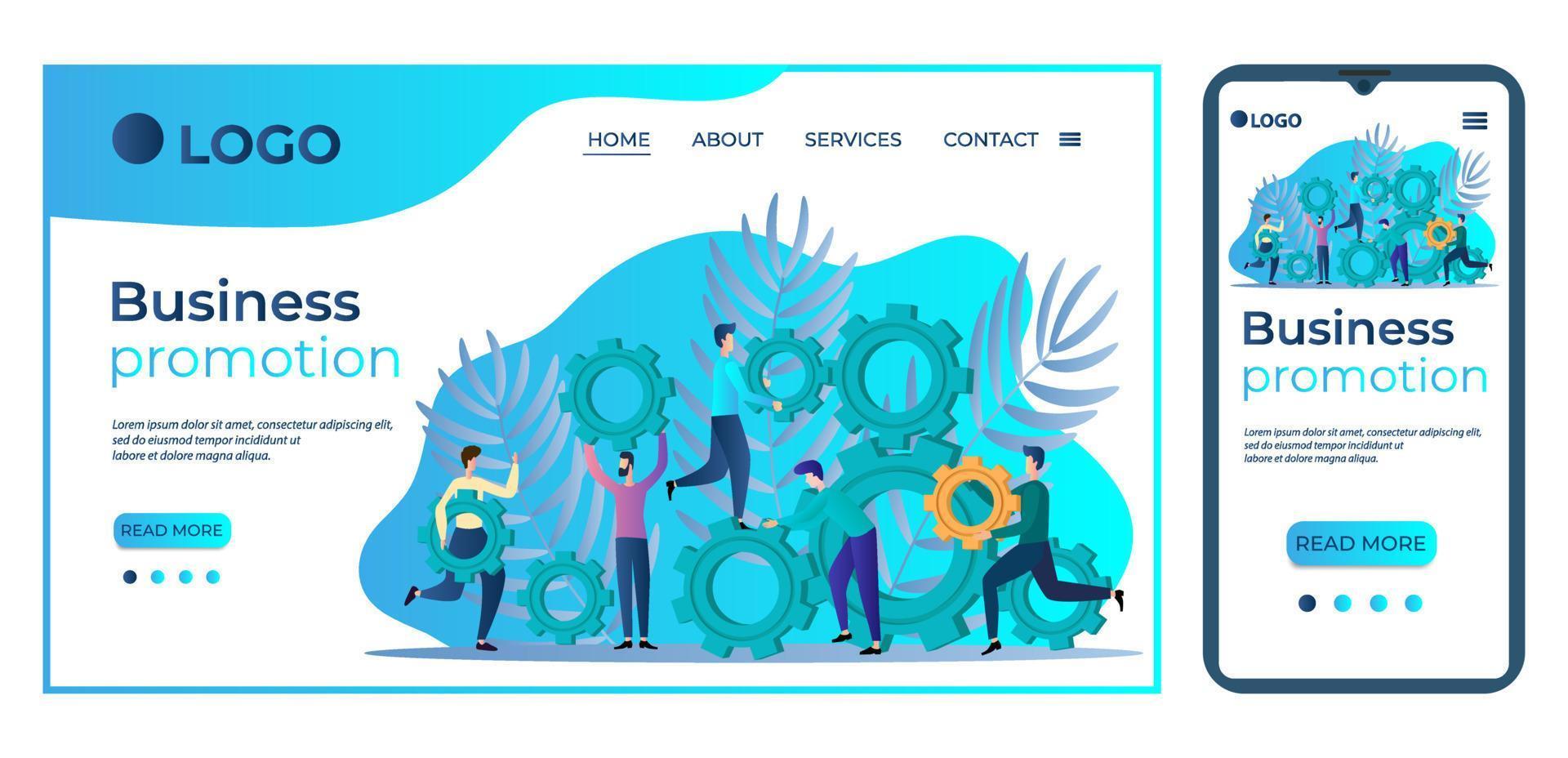 Business promotion.People next to the gears.The motivation of people.Teamwork.Joint promotion.Landing page template and smartphone adaptation.Flat vector illustration.