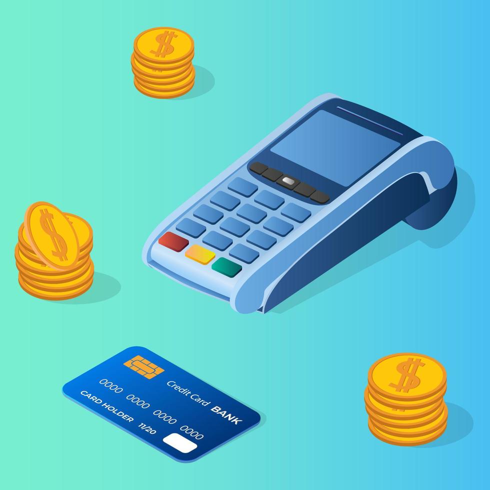 Payment terminal credit card and coins.Isometric image of payment terminals in different angles and credit cards.Concept of online payments money transfers.Vector illustration. vector