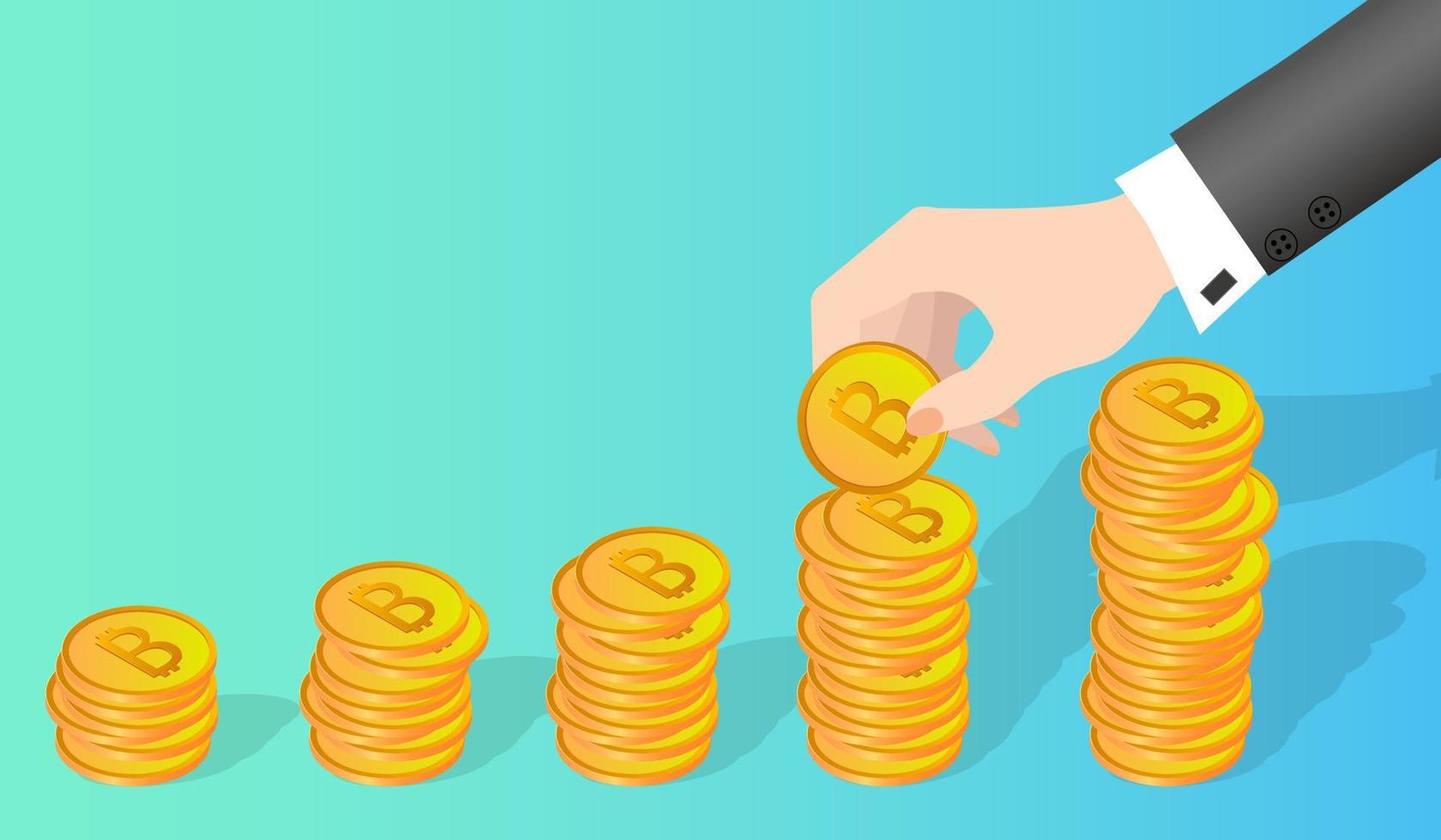 Businessman and bitcoin coins.The concept of cryptocurrency turnover.Modern cryptocurrency mining business.Financial investments in bitcoins.Isometric vector illustration.