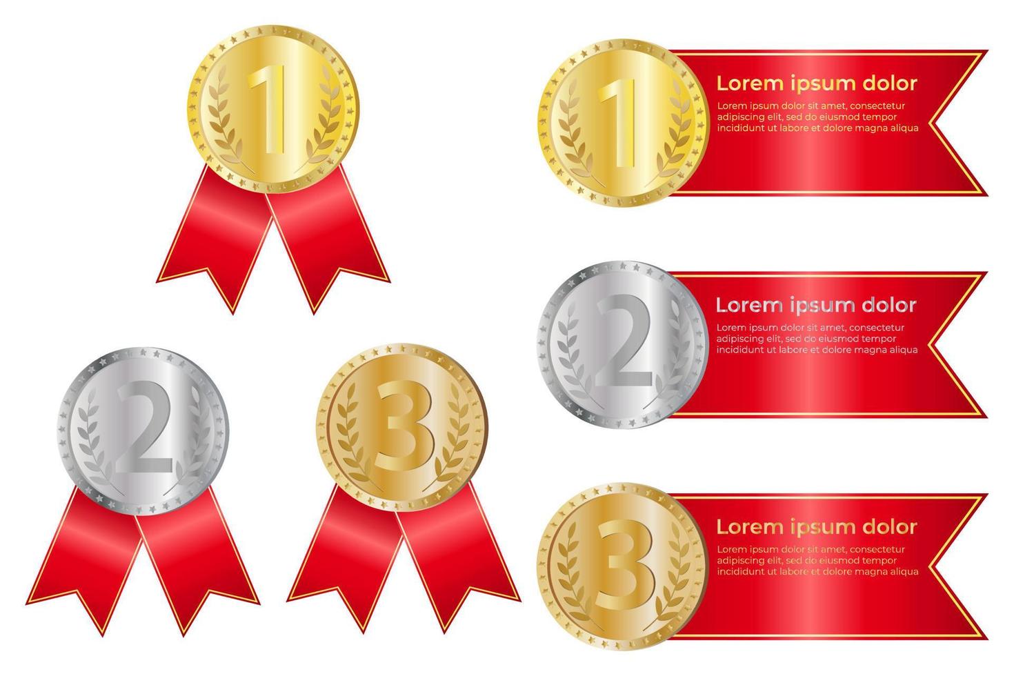 medallas de premio con cintas rojas. medallas de oro, plata y bronce... medallas para el primer, segundo y tercer lugar. un conjunto de medallas de premio aisladas en un fondo blanco. ilustración vectorial realista vector