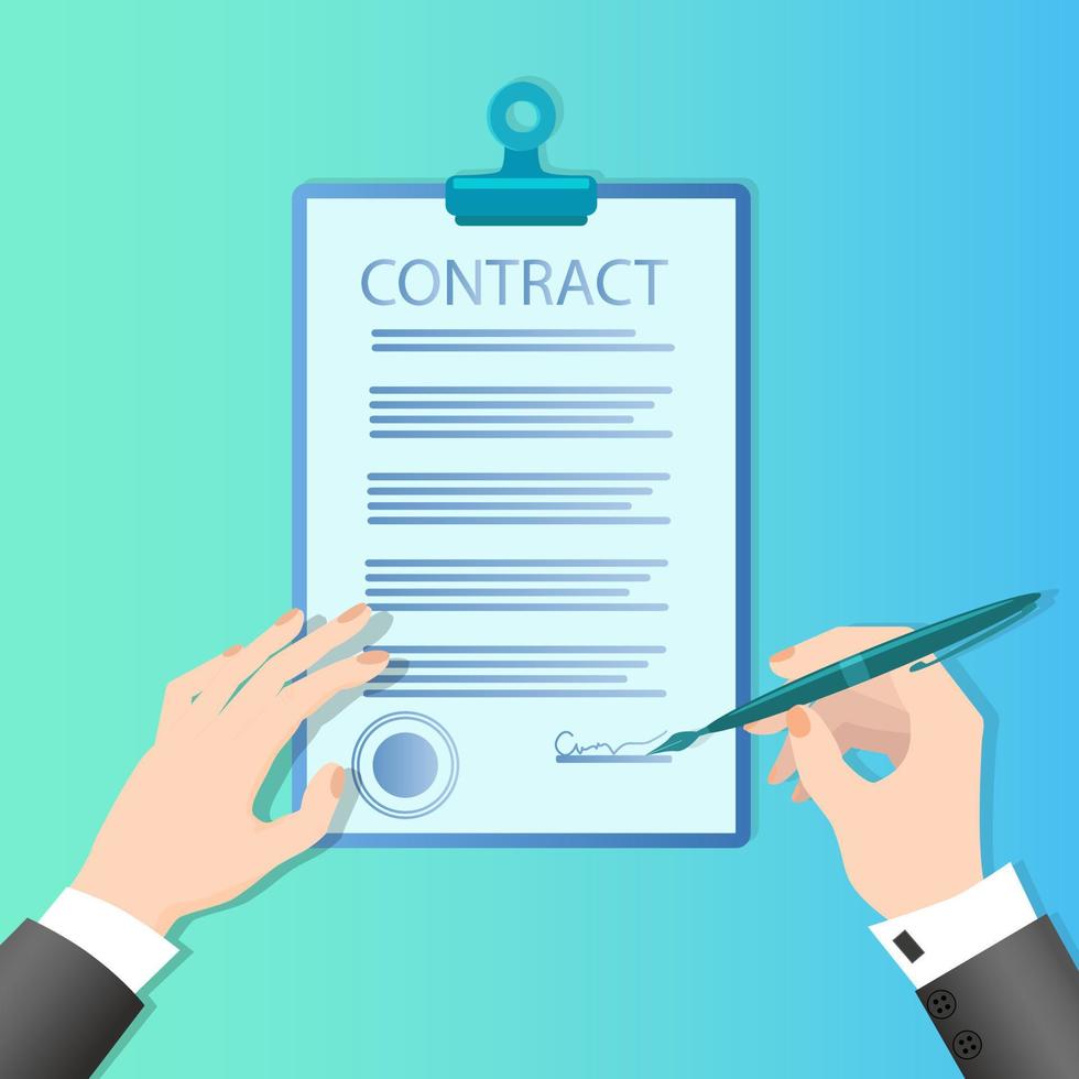 A businessman signs a contract.Businessman's hands a fountain pen and a document.Business activity concept of successful negotiations and agreements.Flat vector illustration.