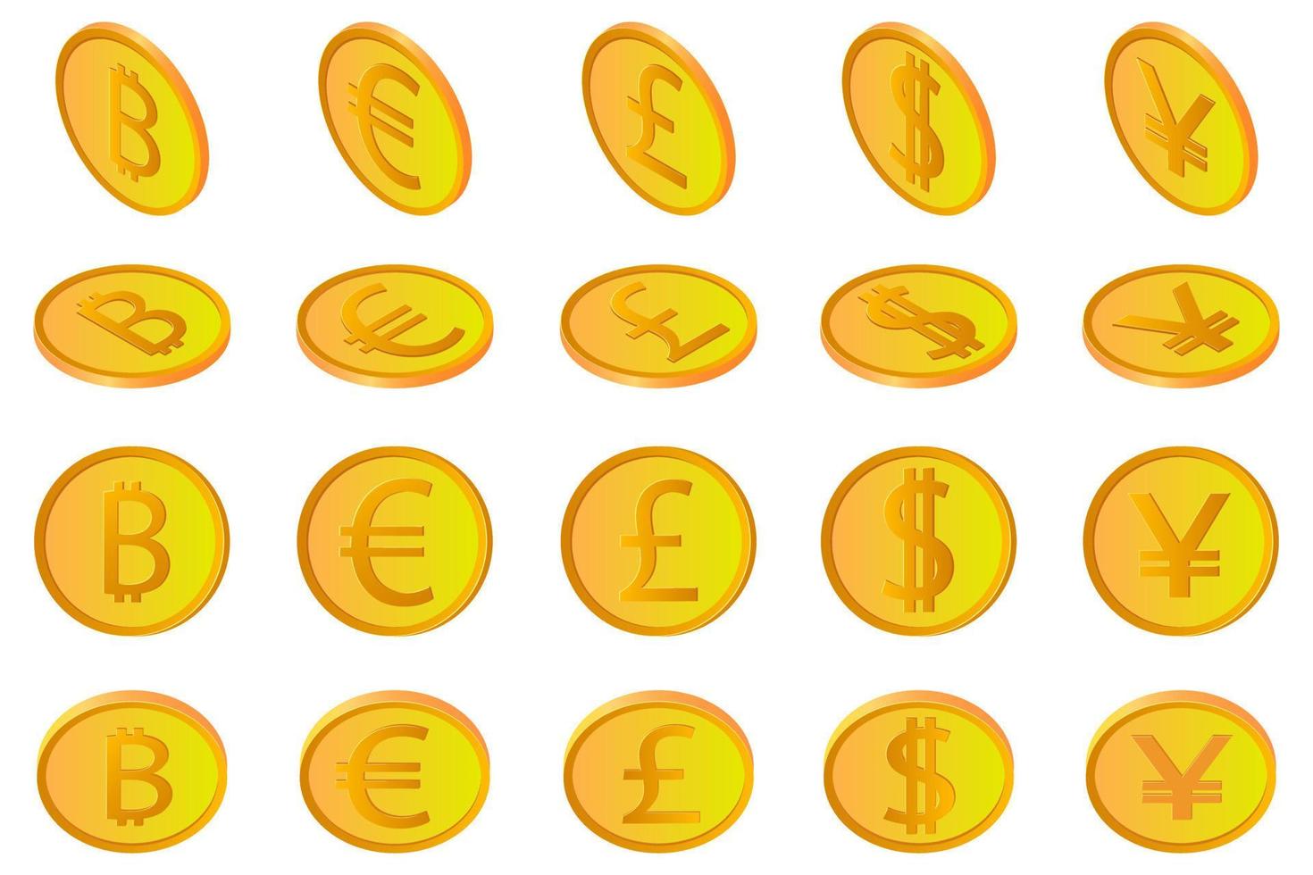 The bitcoin dollar Euro pound and yen.A set of coins of American European cryptocurrencies of British and Japanese coins in different angles isolated on a white background. Use as design elements. vector