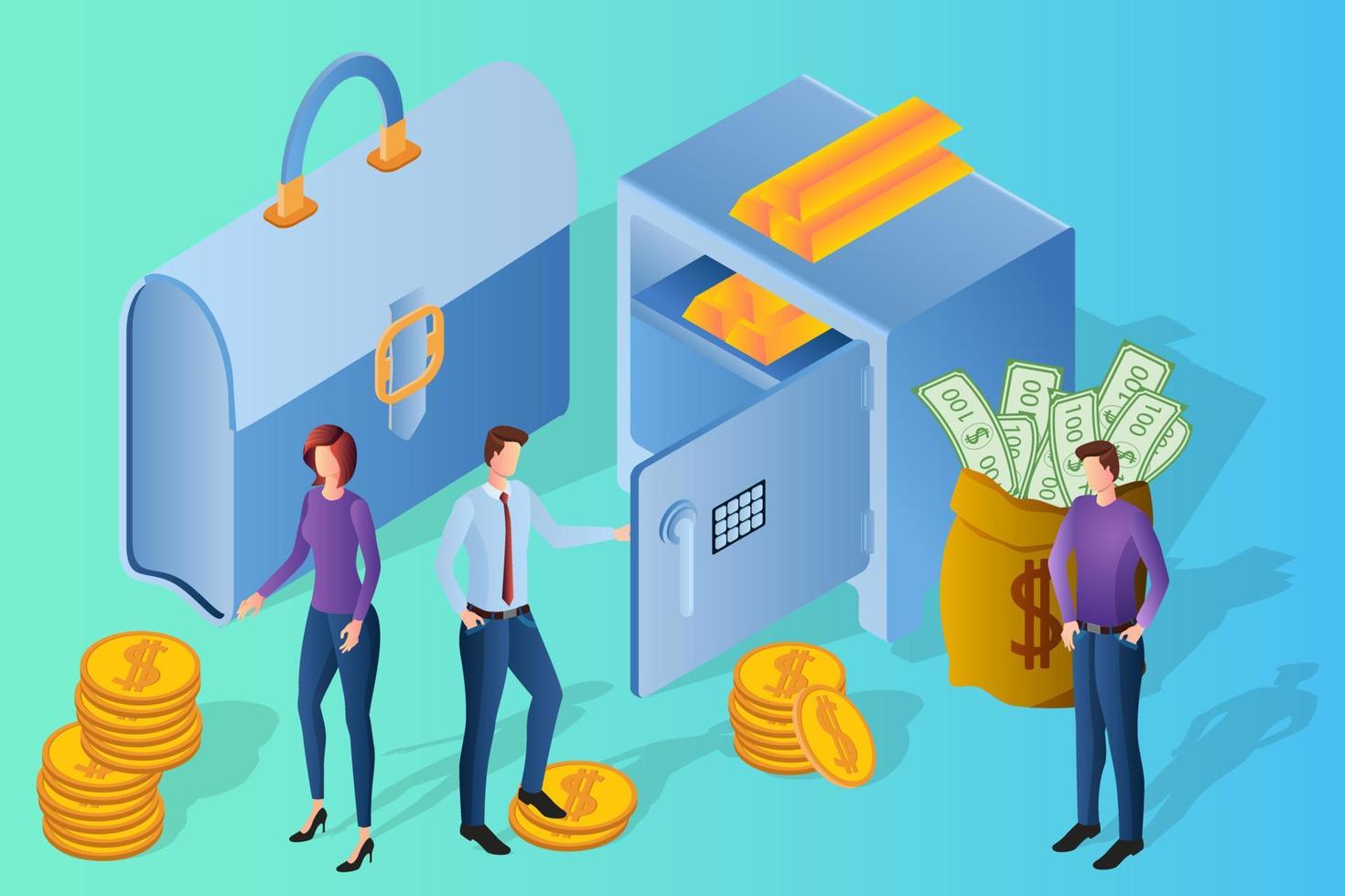 People are engaged in financial activities.Businessmen against the background of a Bank safe and coins and gold bars.Banking and teamwork.Isometric vector illustration.