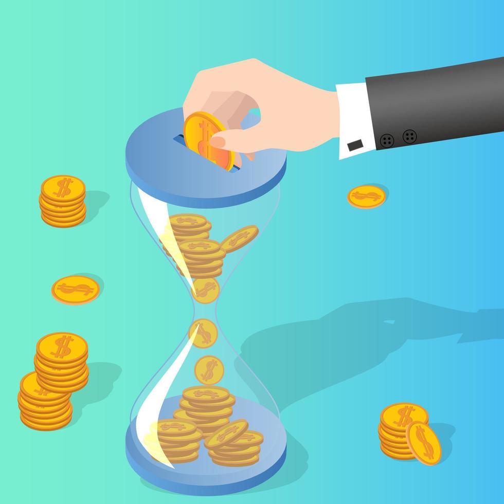 A hand throwing money into an hourglass.The concept of time management, business activity and financial investments.Isometric vector illustration.