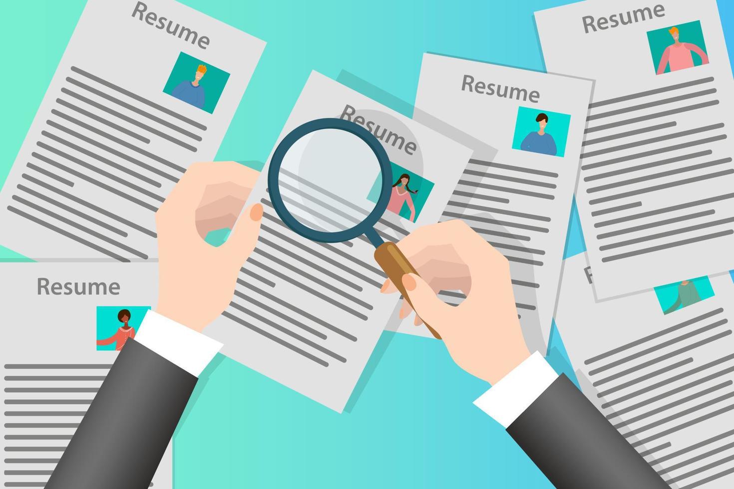 Personnel selection.The businessman goes through and studies the profiles and resumes of potential employees.The concept of hiring new employees.Flat vector illustration.