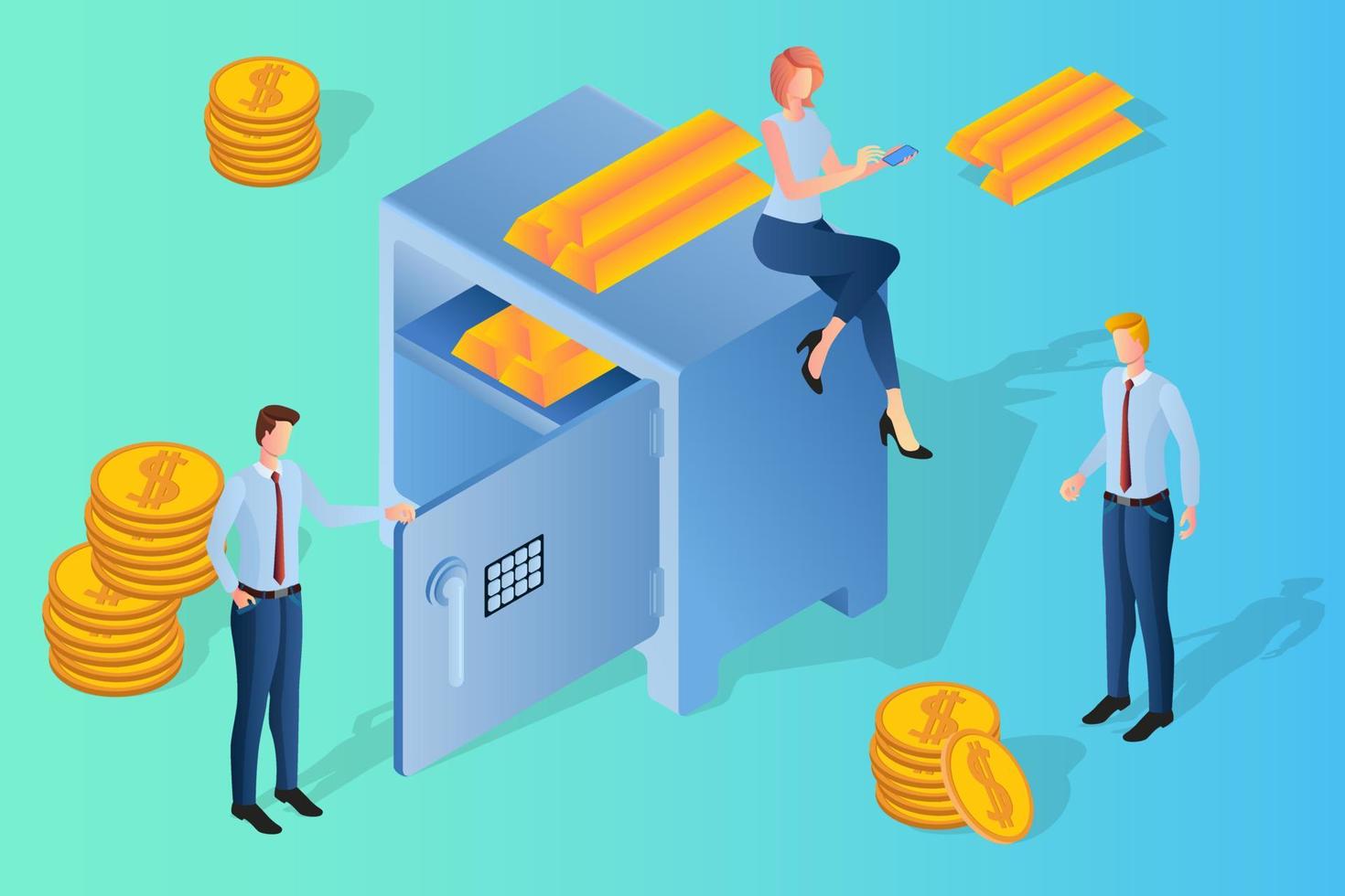 People are engaged in banking.businessmen on the background of a Bank safe and coins and gold safes.Banking and teamwork.Isometric vector illustration.