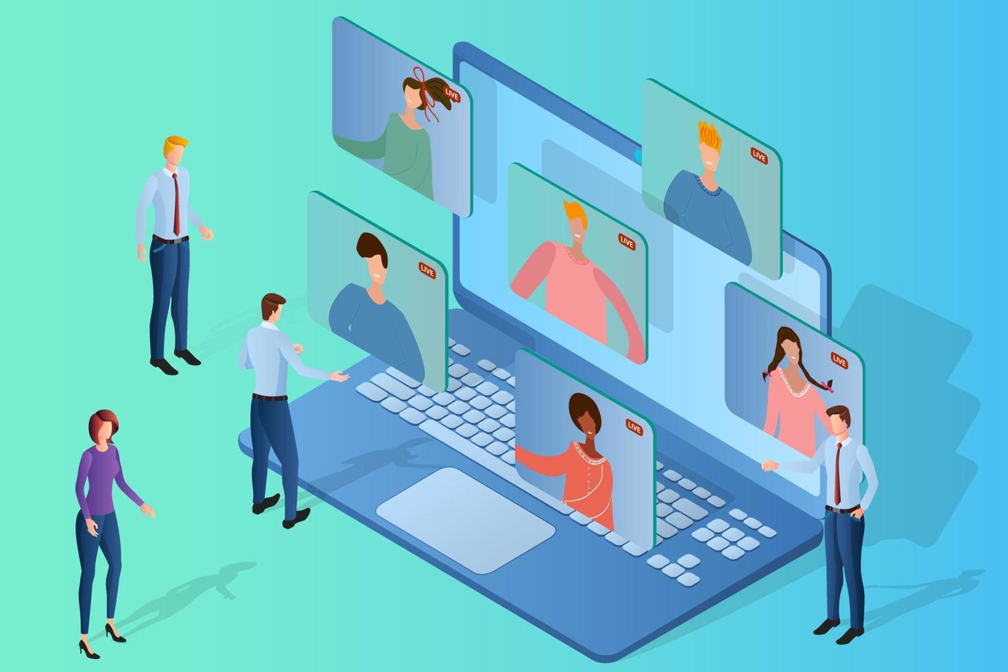 Video conference.The concept of holding an online video conference.People use a laptop to communicate.Use of modern technologies for communication.Isometric vector illustration.