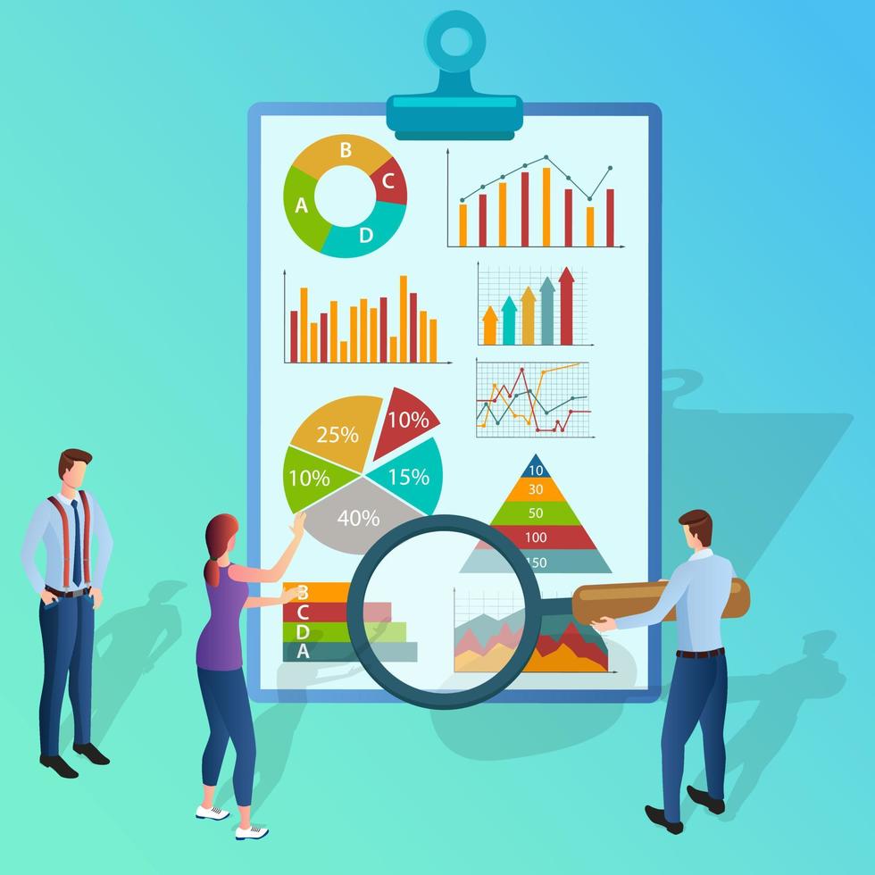 A group of businessmen study infographics .The concept of business management using modern technologies.Flat vector illustration.