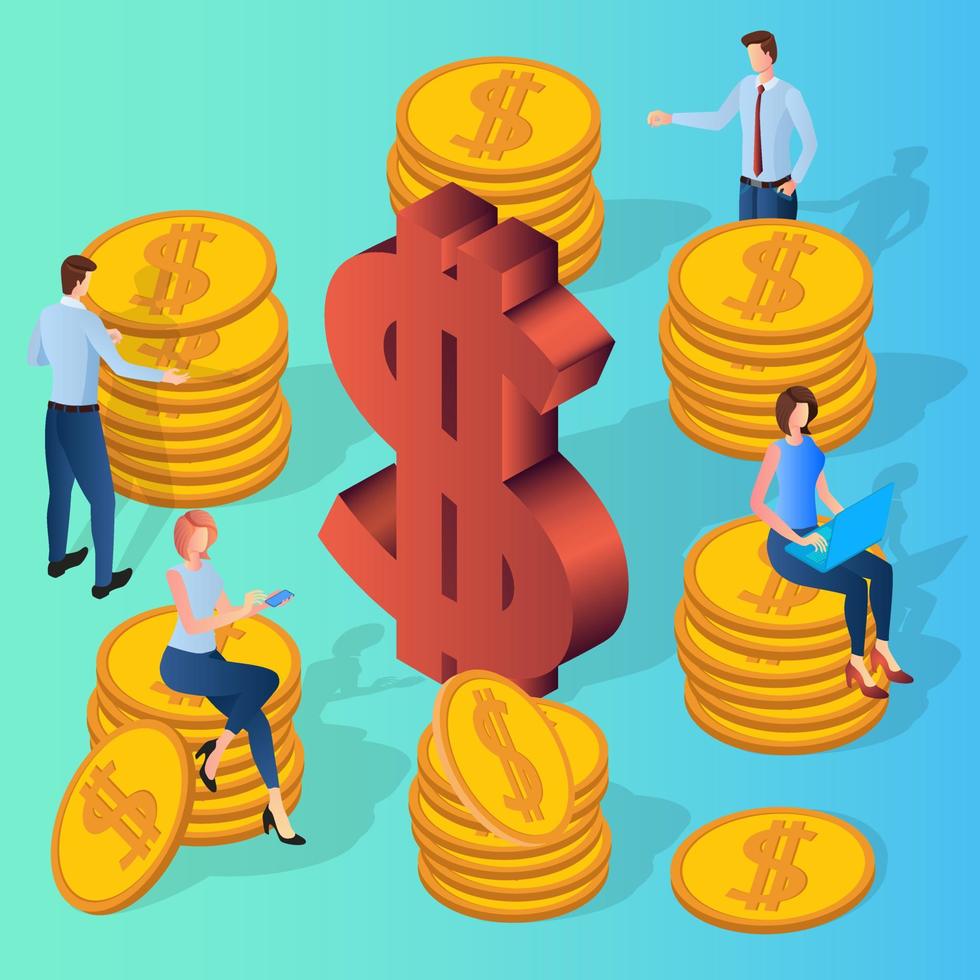 People are engaged in financial transactions.People on the background of coins and a large dollar sign.Teamwork financial control and monitoring.3D image.Isometric vector illustration.