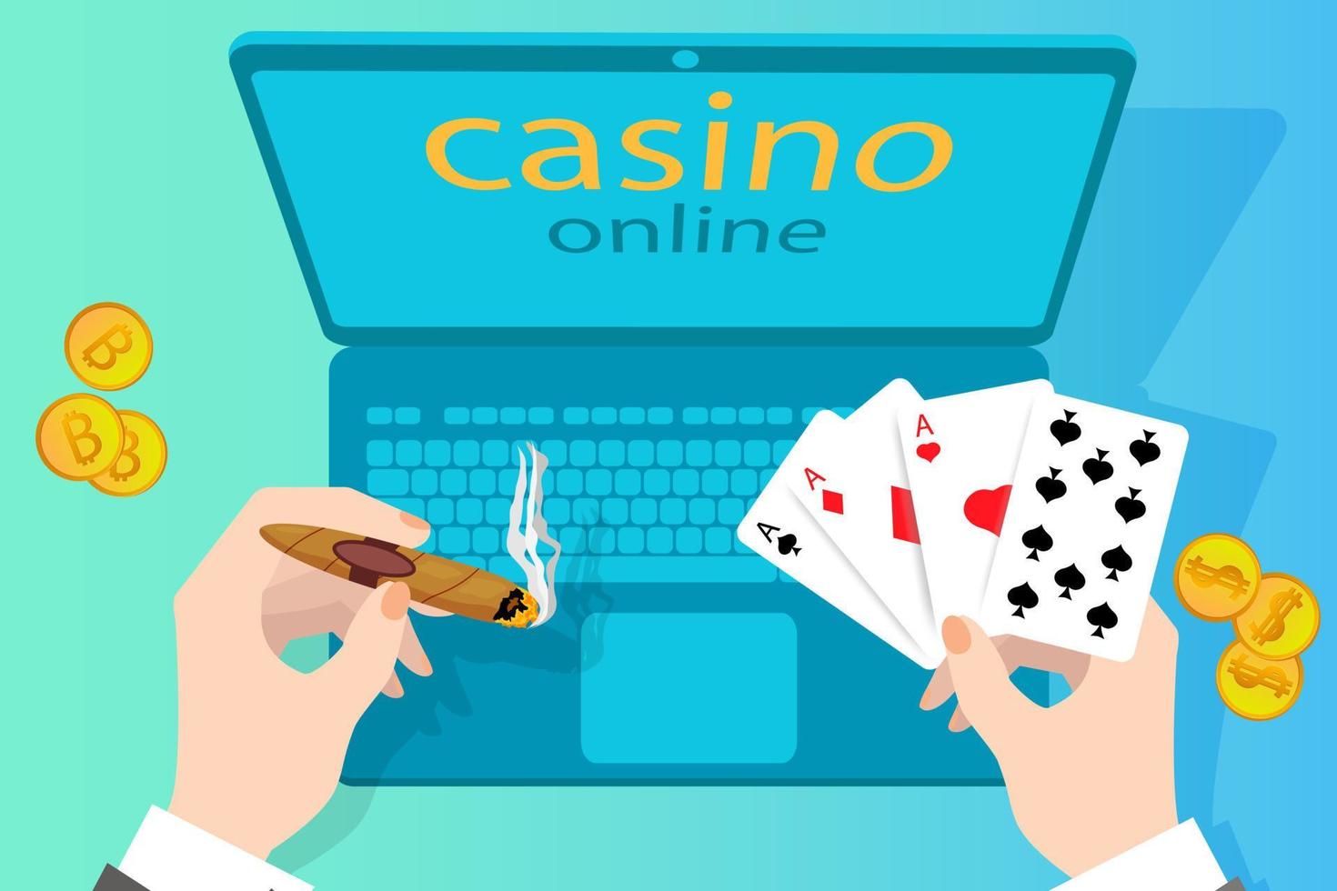 Online casino.Computer hands and player and playing cards.The concept of organizing online gambling.Flat vector illustration.