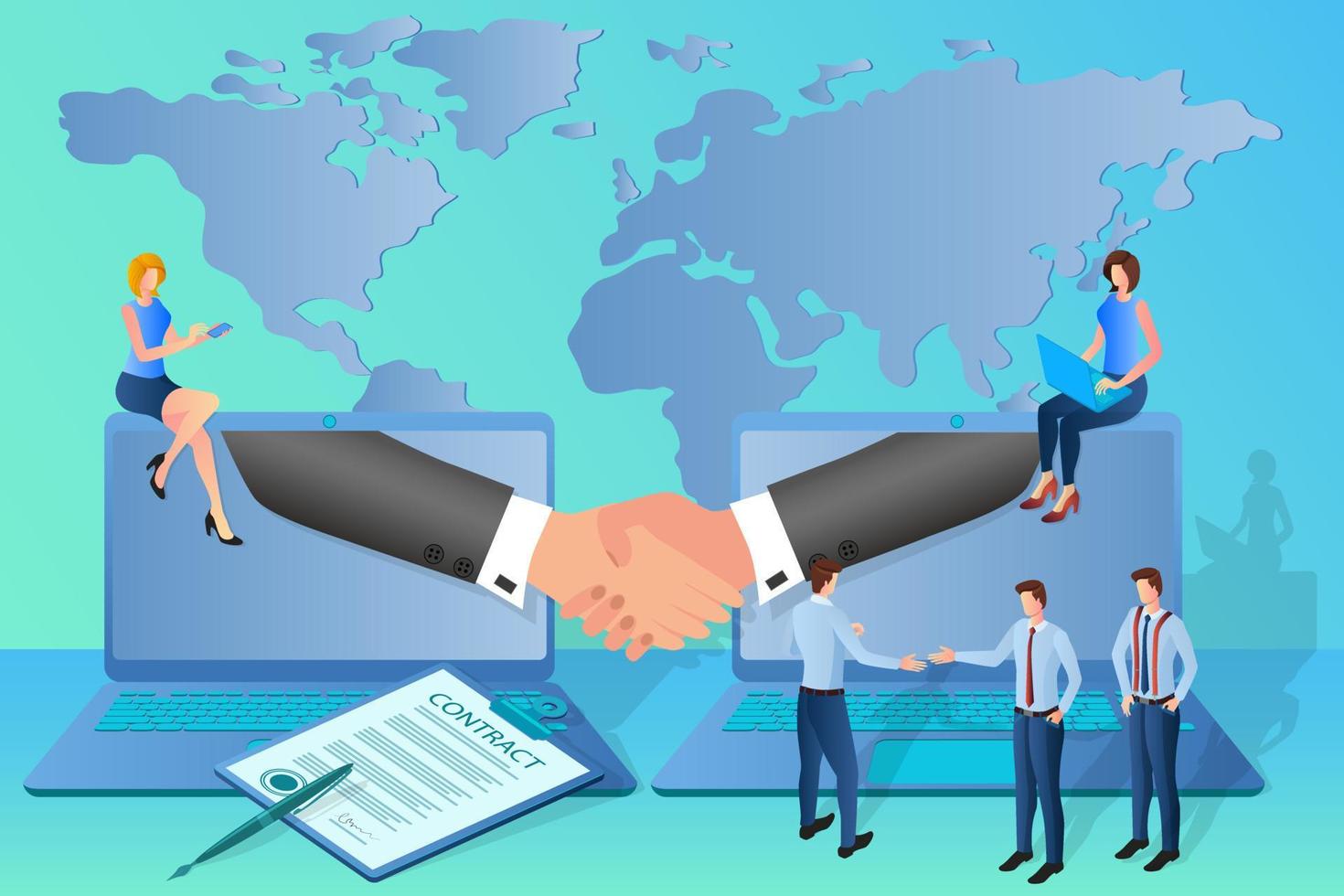 Handshake online.The signing of the contract with the help of online connection.People in the background of a laptop.The concept of modern business technologies.Isometric vector illustration.