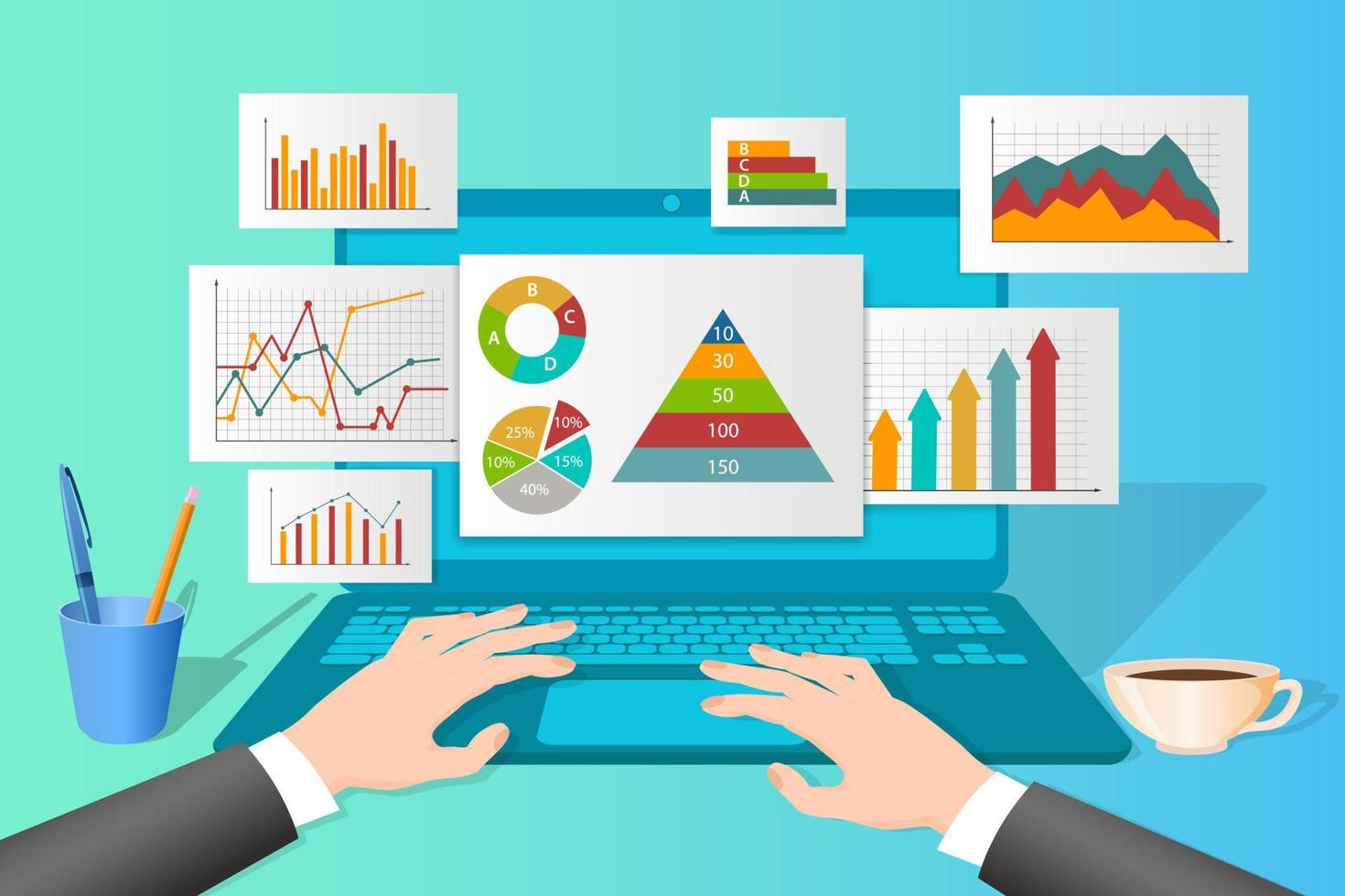 A businessman studies data on his laptop.The concept of remote work, office work, and freelancing.Infographic business and Finance.Flat vector illustration.