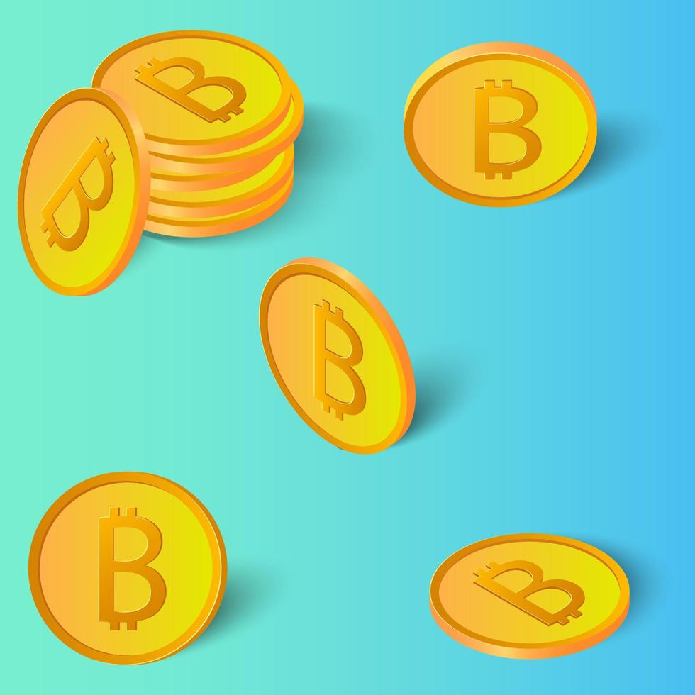 Set of bitcoin gold coins. Coins in different angles with shadows on a blue-green background.Can be used as design elements.Vector illustration. vector