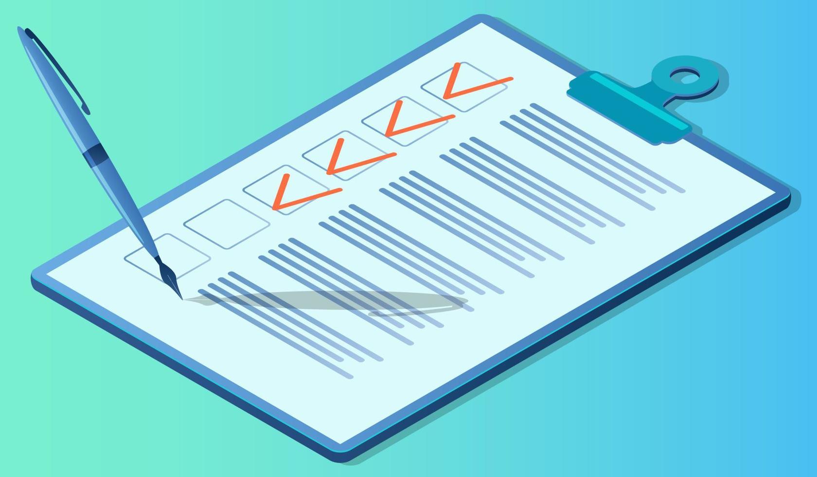 Clipboard with a piece of paper and a fountain pen on a blue-green background.The concept of testing exams and a sociological survey.Isometric vector image.