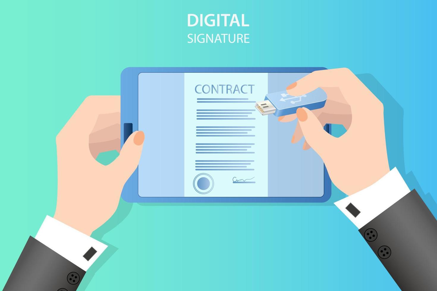 A businessman signs a contract using a tablet computer and a digital signature.Business activity concept of successful negotiations and agreements.Flat vector illustration.