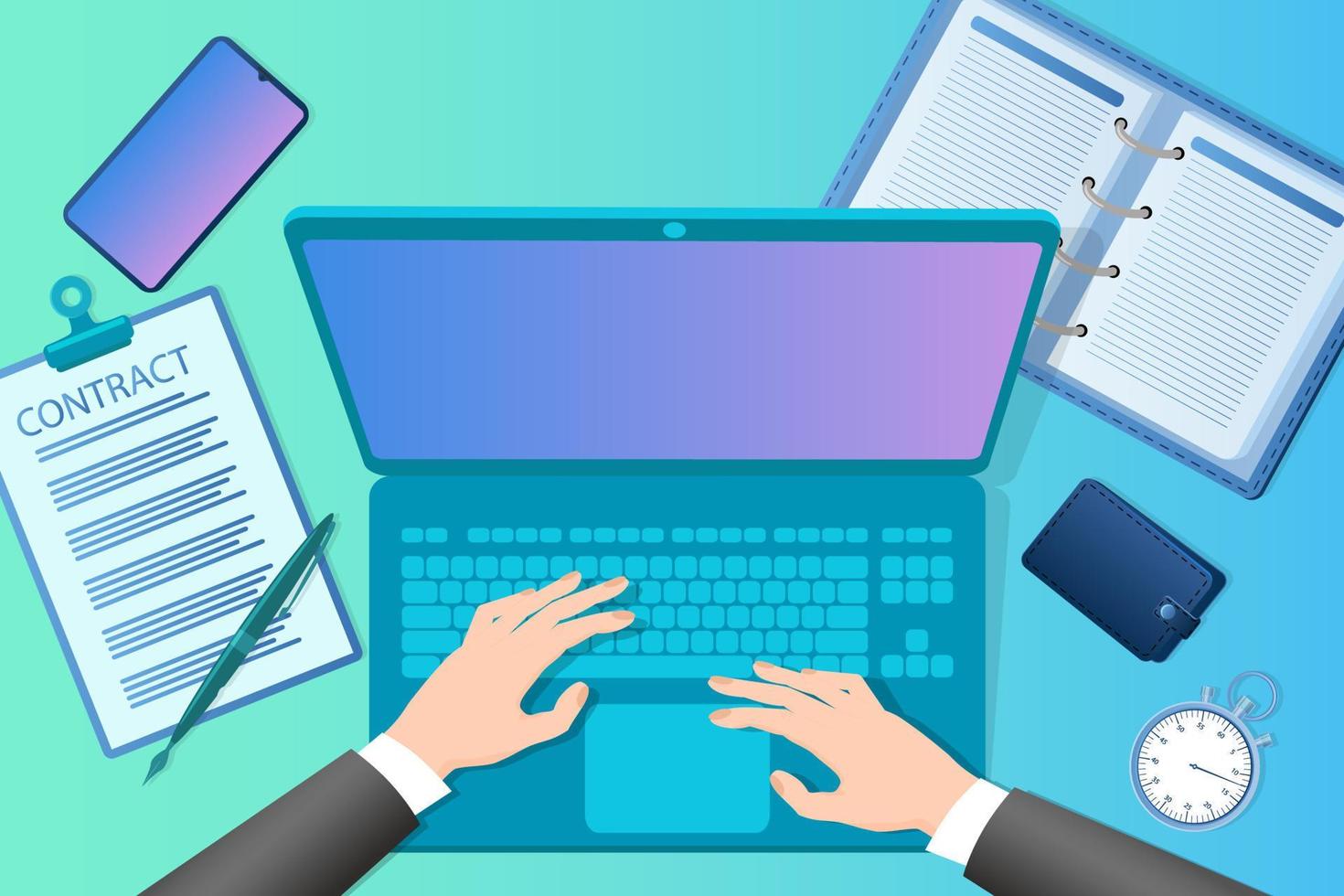 Workplace of a businessman.Hands of a businessman with a laptop at his Desk.Office work coworking.Flat vector illustration.